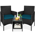 3-Piece Outdoor Patio Wicker Bistro Set w/ Side Storage Table - Black/Peacock