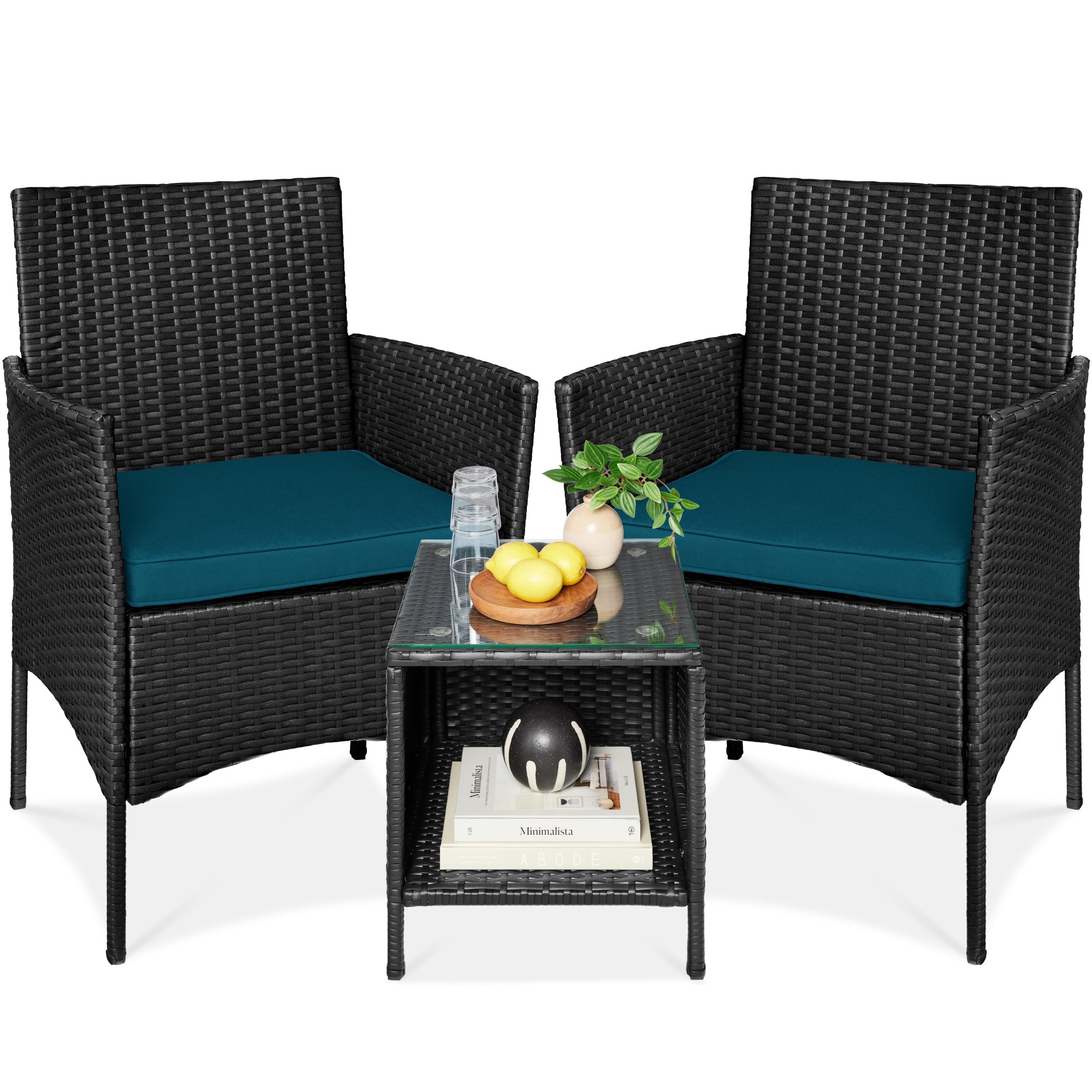 3-Piece Outdoor Patio Wicker Bistro Set w/ Side Storage Table - Black/Peacock