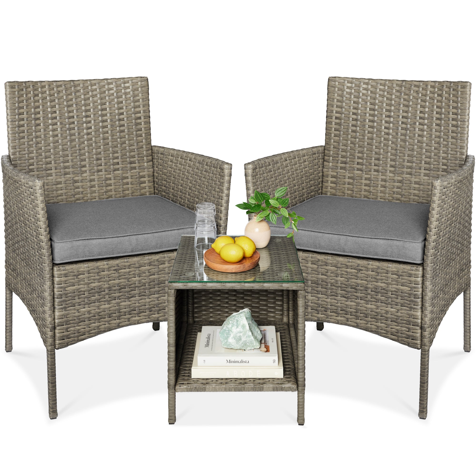 3-Piece Outdoor Patio Wicker Bistro Set w/ Side Storage Table - Taupe/Cement Gray