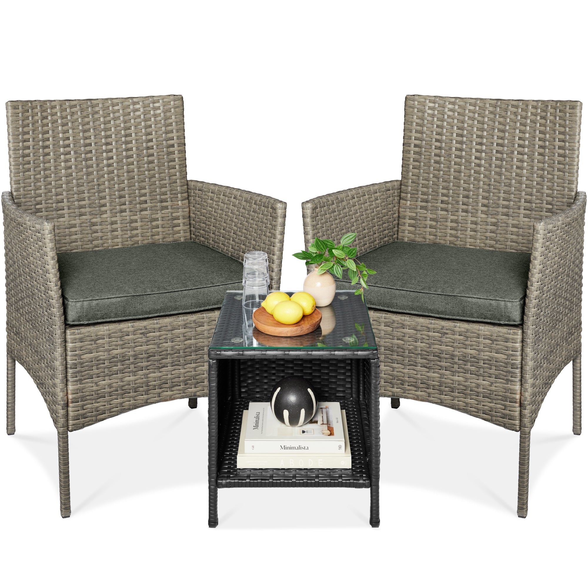 3-Piece Outdoor Patio Wicker Bistro Set w/ Side Storage Table - Taupe/Slate Green