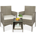 3-Piece Outdoor Patio Wicker Bistro Set w/ Side Storage Table - Taupe/White Sand