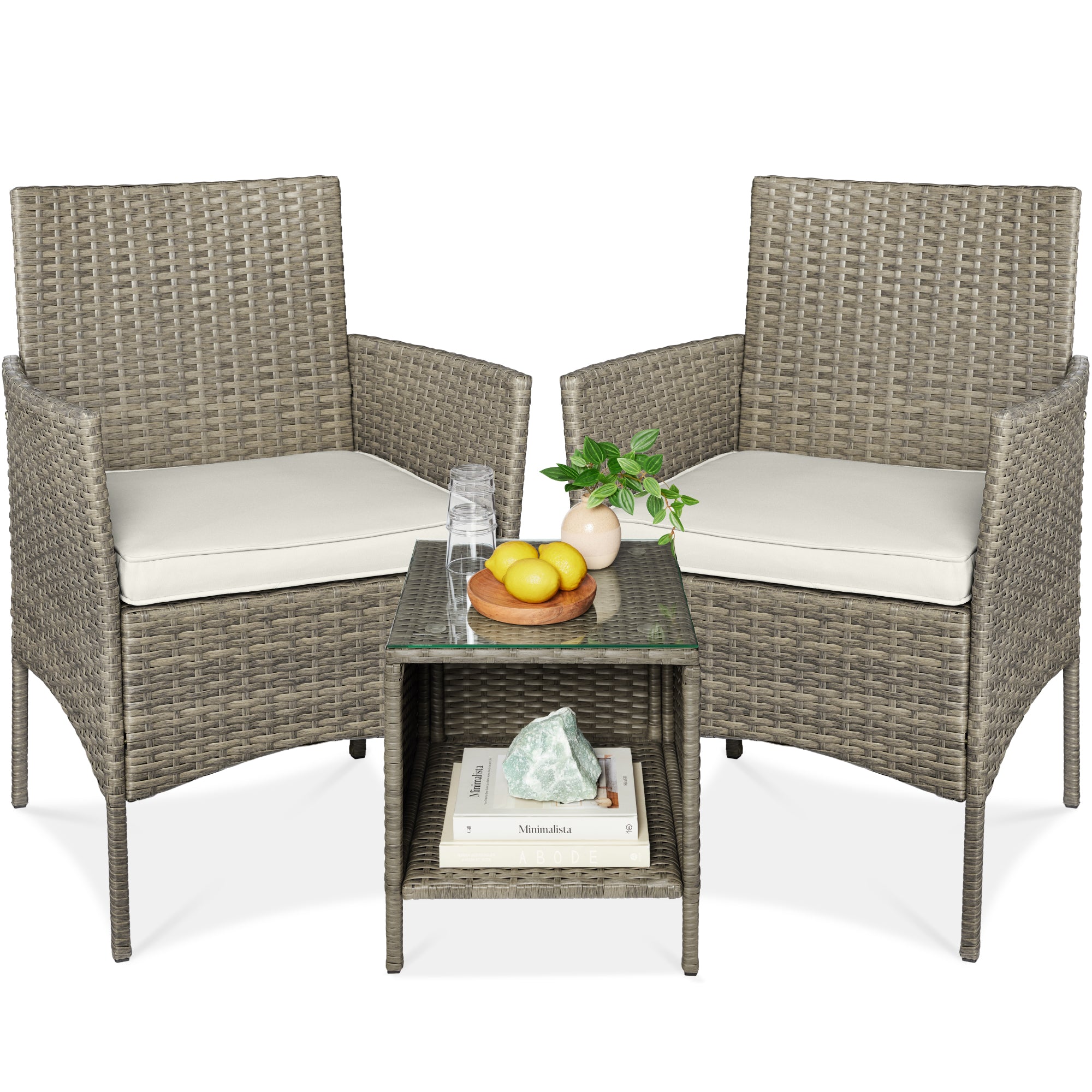 3-Piece Outdoor Patio Wicker Bistro Set w/ Side Storage Table - Taupe/White Sand