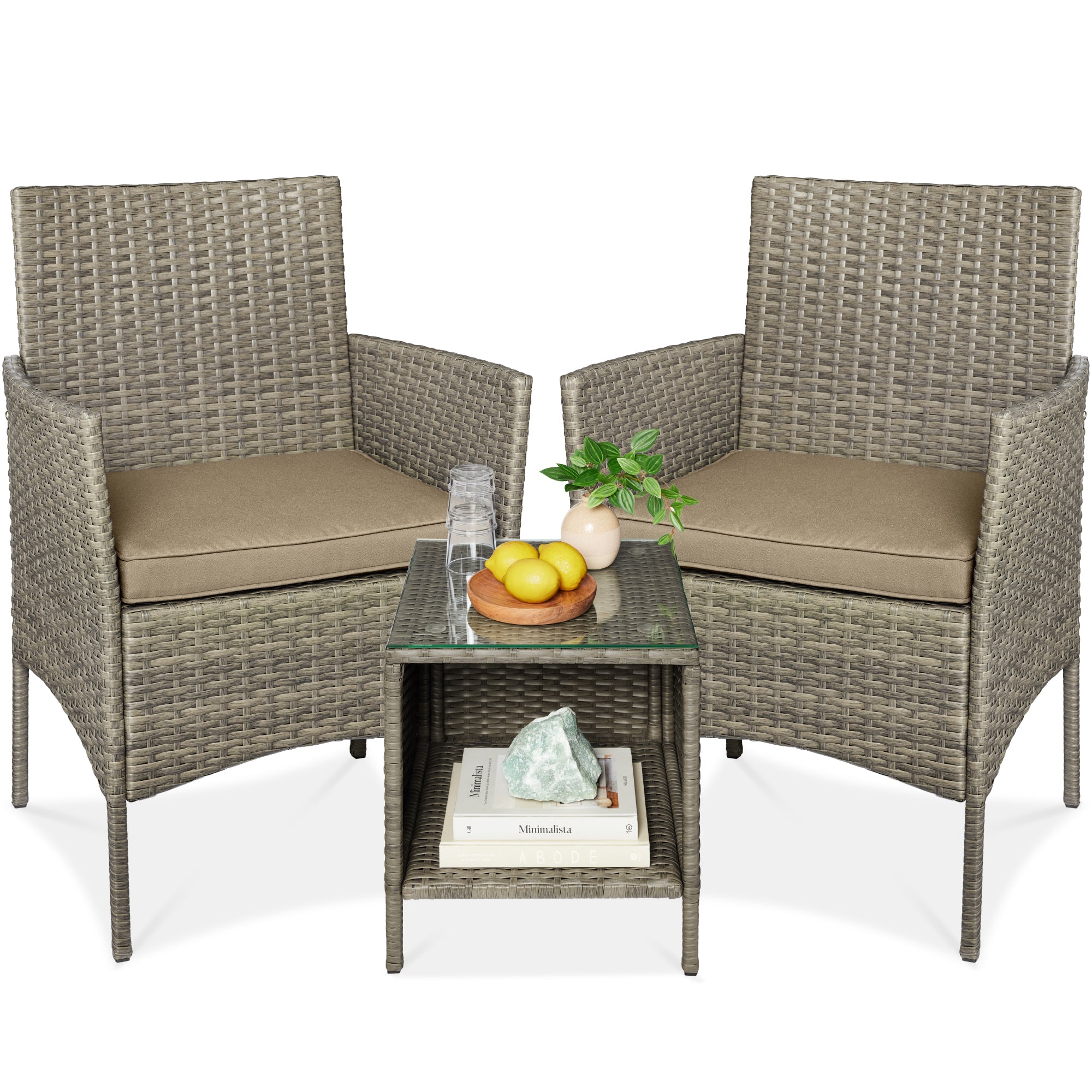 3-Piece Outdoor Patio Wicker Bistro Set w/ Side Storage Table - Taupe/Desert