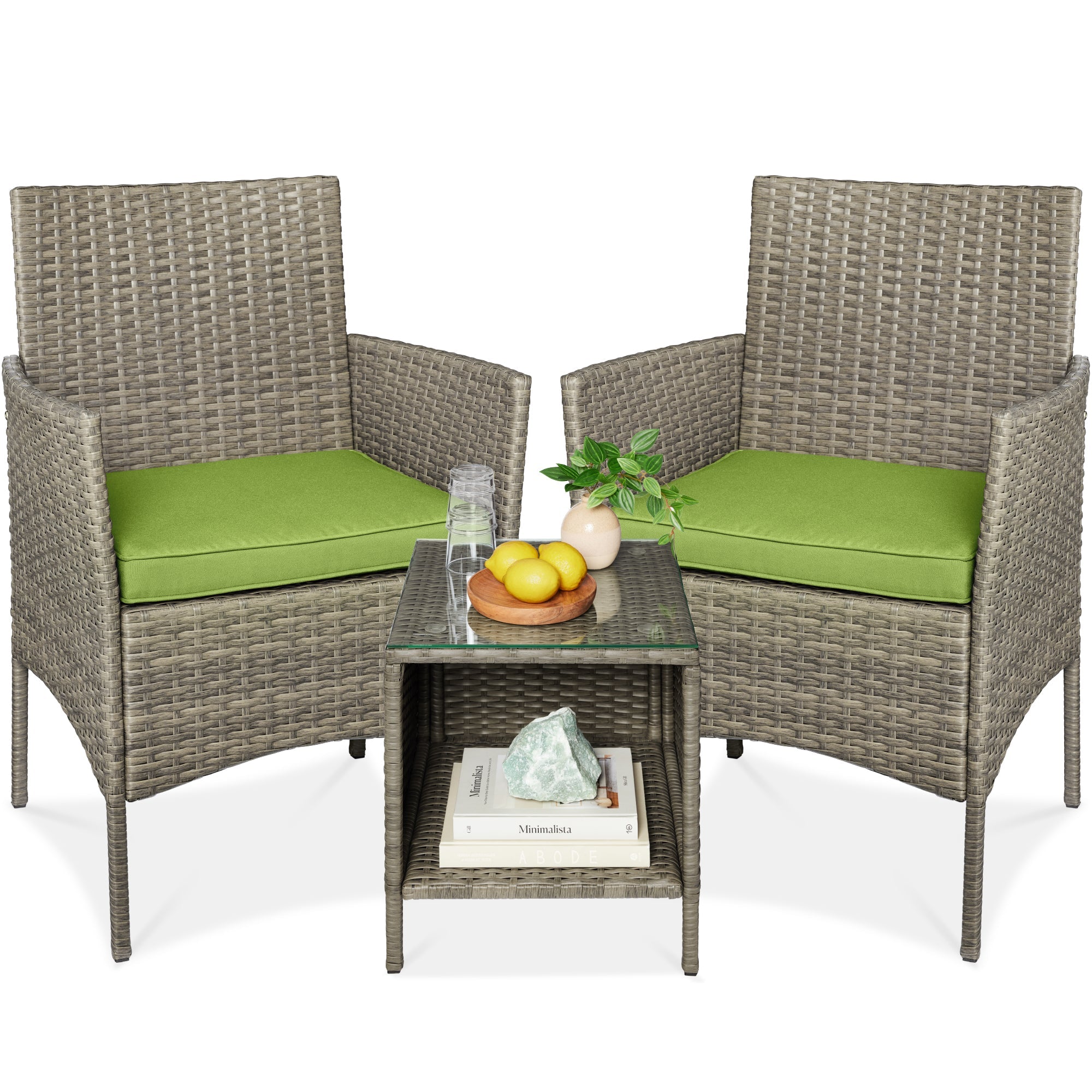 3-Piece Outdoor Patio Wicker Bistro Set w/ Side Storage Table - Taupe/Pistachio
