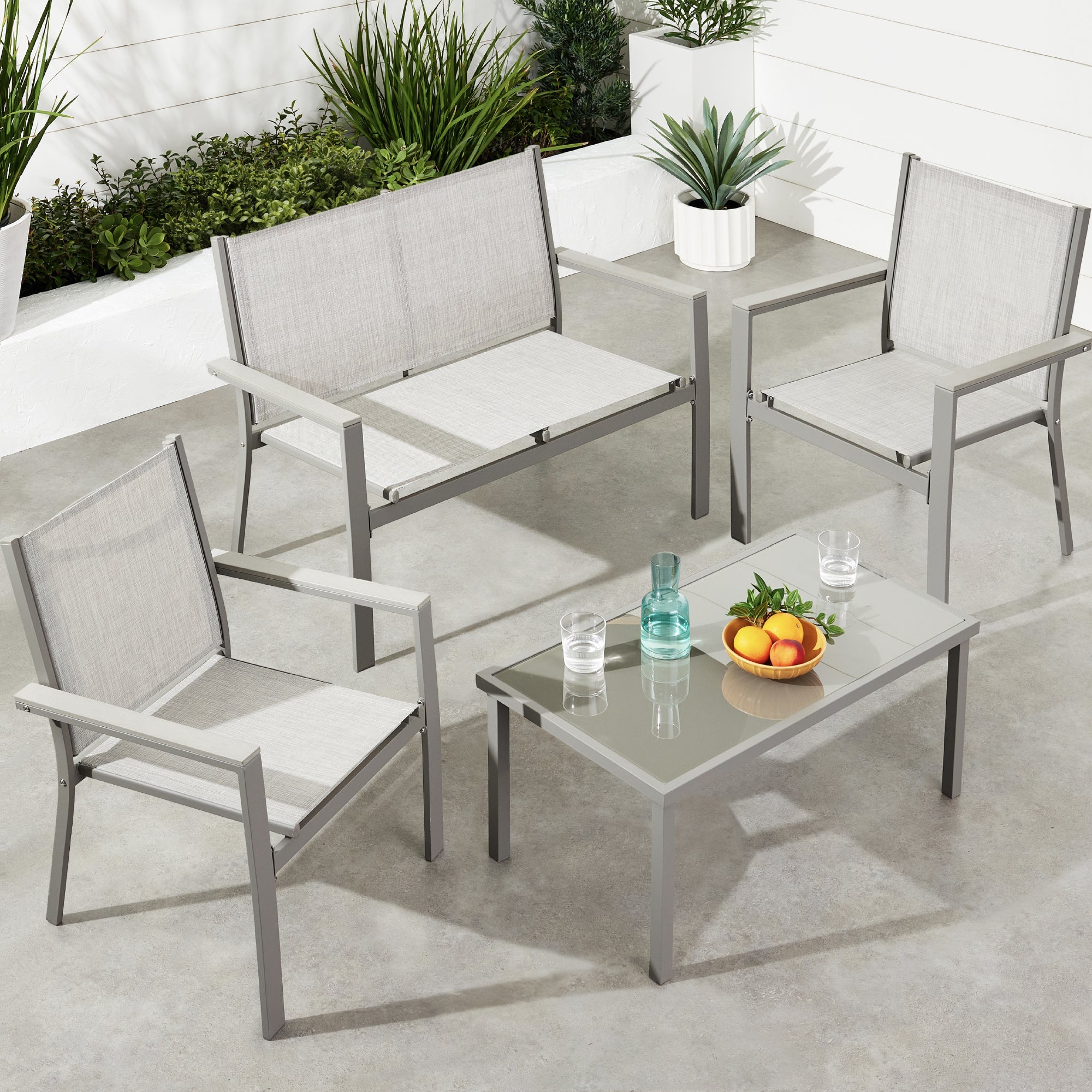 4-Piece Textilene Outdoor Conversation Set w/ Cushions, Table - Gray/Gray