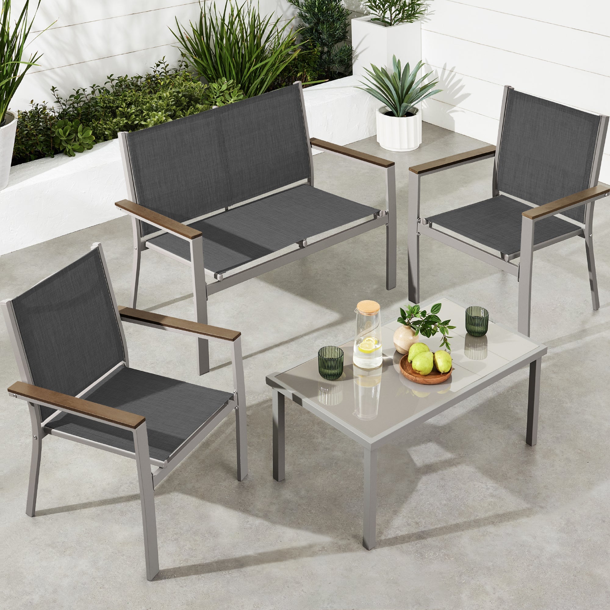 4-Piece Textilene Outdoor Conversation Set w/ Cushions, Table - Taupe/Charcoal