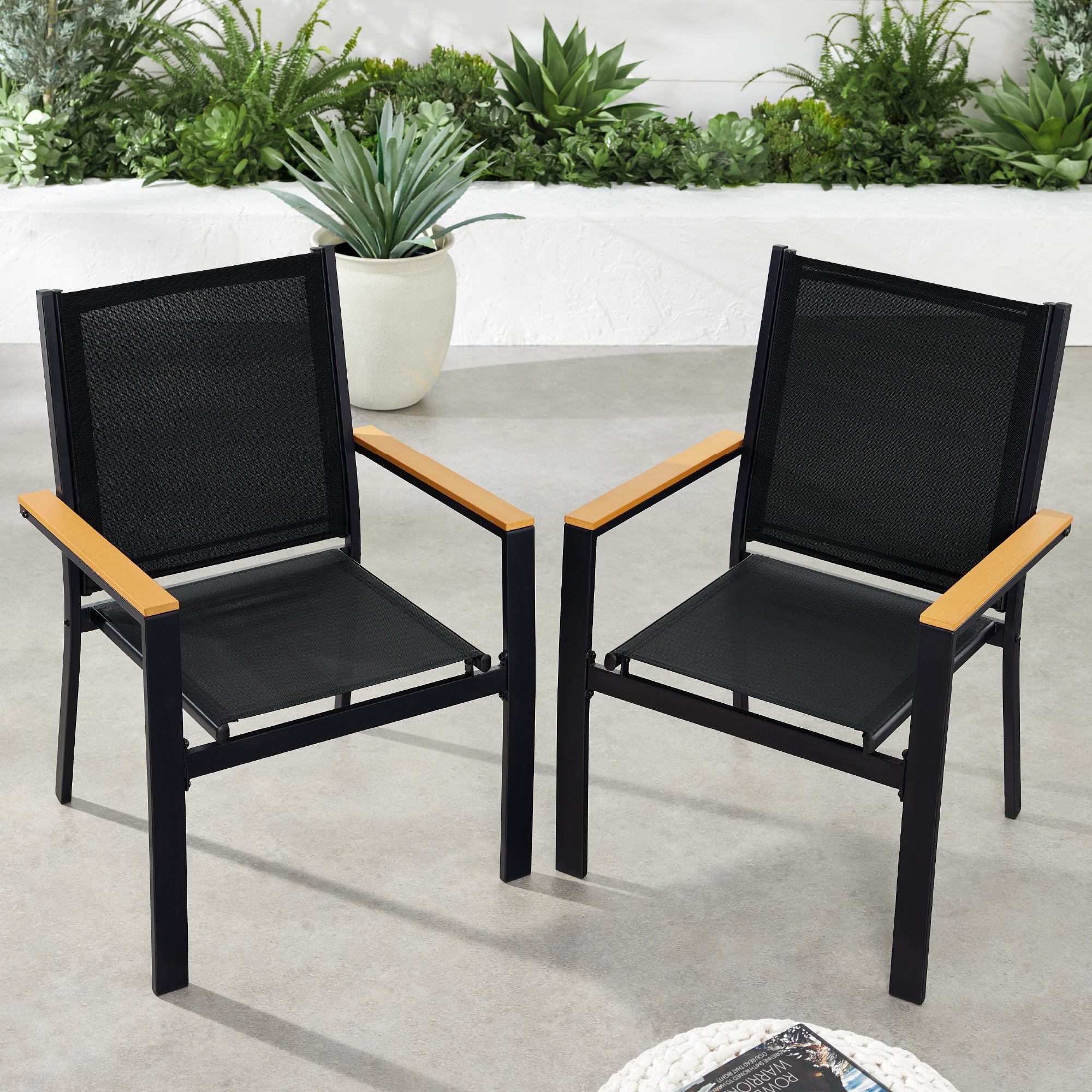 Set of 2 Stackable Textilene Chairs w/ Armrests, Dining Accent Furniture - Black/Black