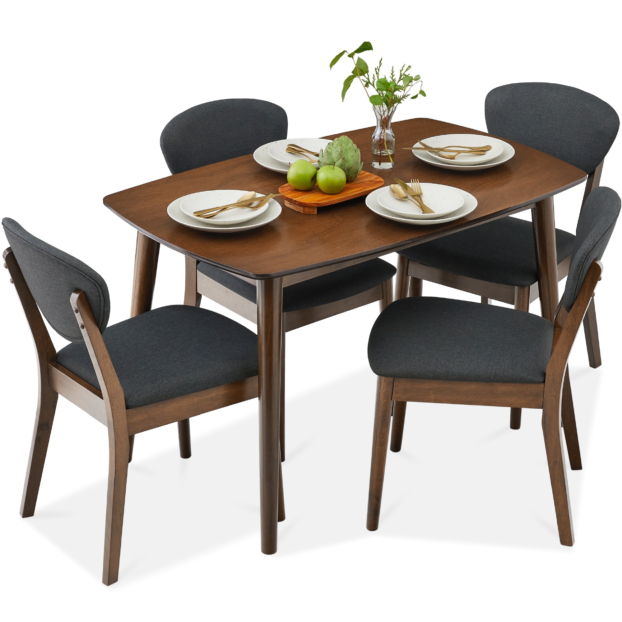 5-Piece Wooden Mid-Century Modern Dining Set w/ 4 Chairs, Padded Seat & Back - Walnut/Charcoal