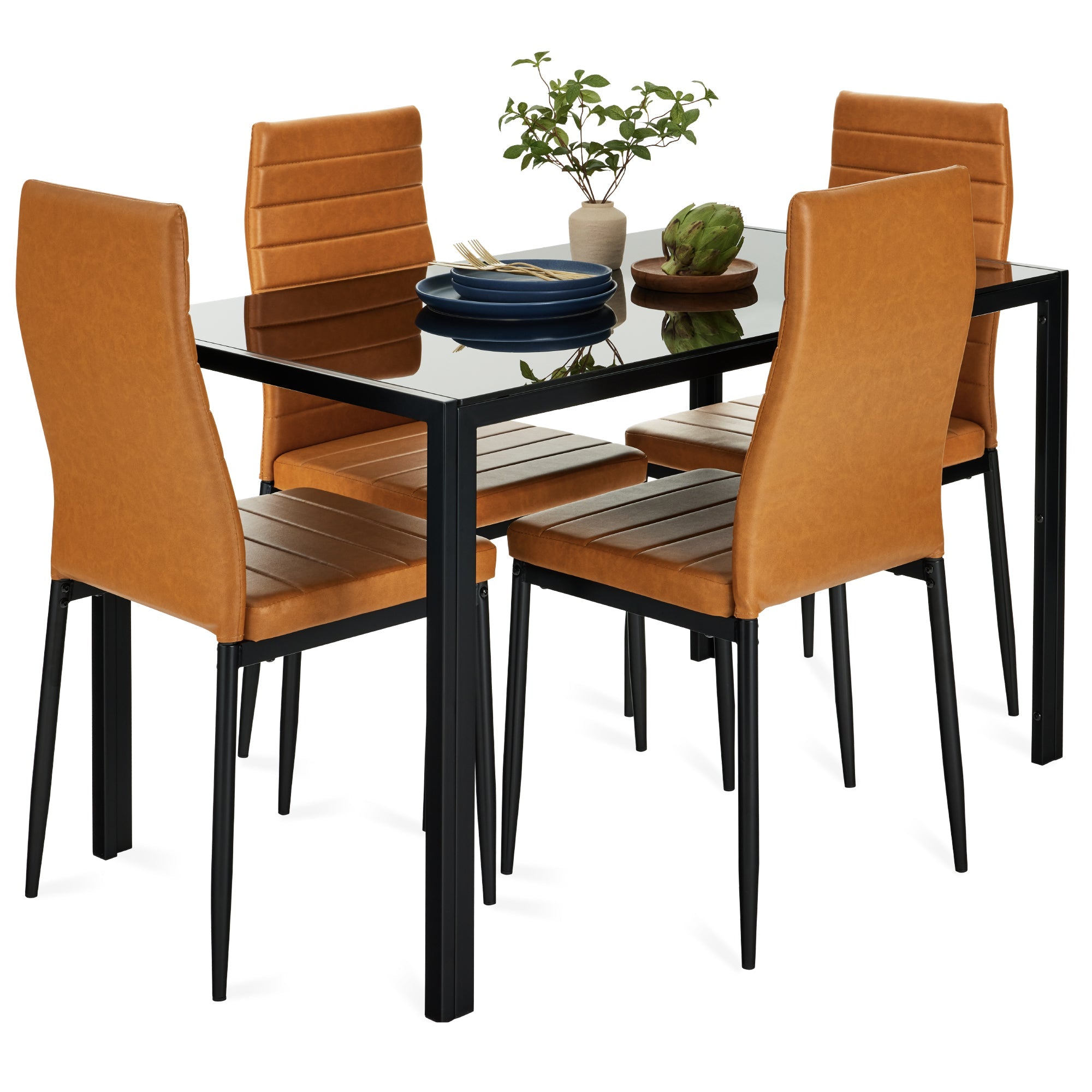 5-Piece Dining Table Set w/ Glass Top, Leather Chairs - Camel/Black