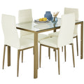 5-Piece Dining Table Set w/ Glass Top, Leather Chairs - Ivory/Gold