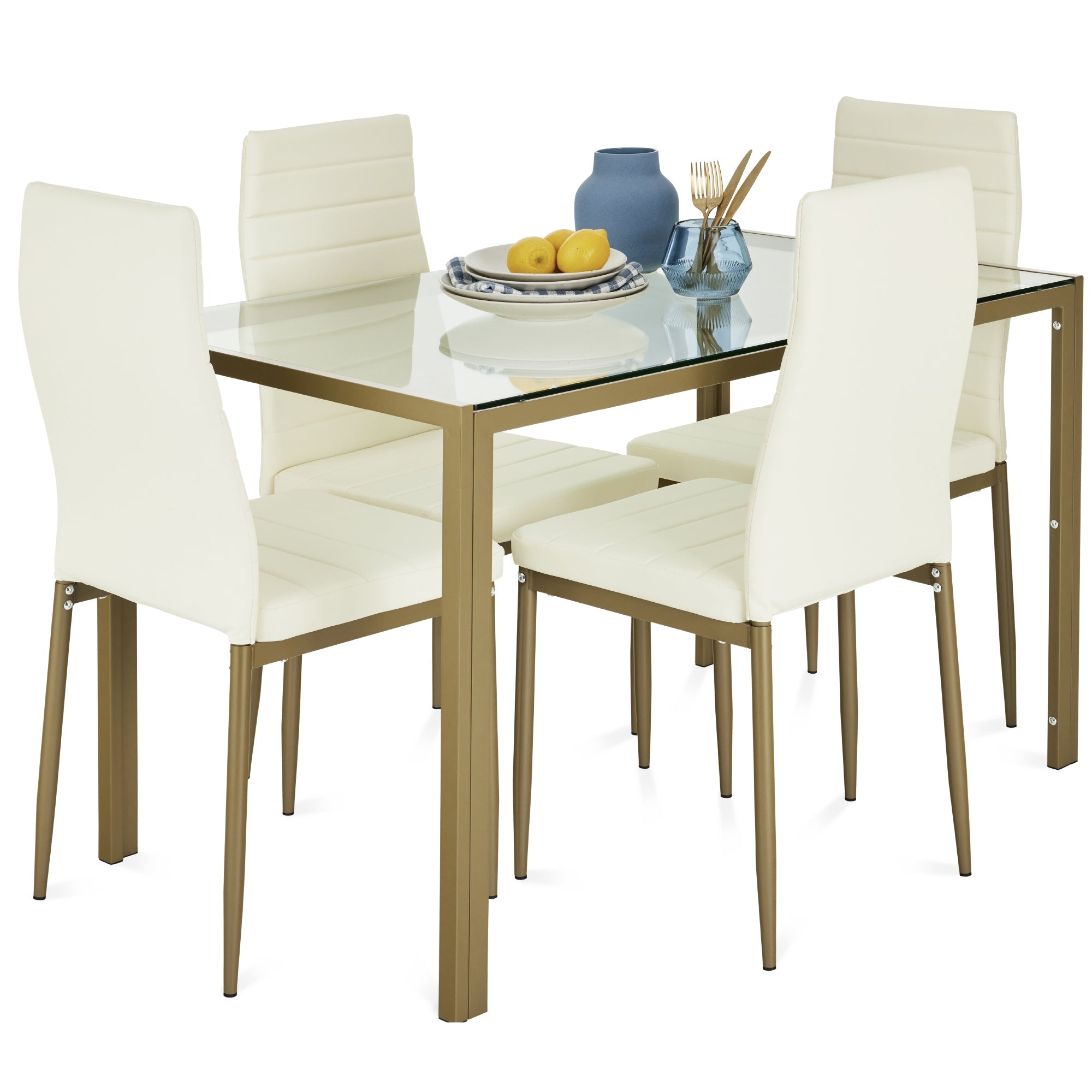 5-Piece Dining Table Set w/ Glass Top, Leather Chairs - Ivory/Gold