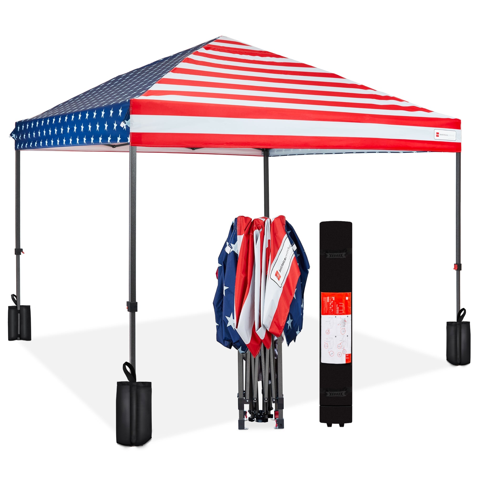 One-Person Setup Instant Pop Up Canopy w/ Case, 4 Weight Bags - 8x8ft - American Flag