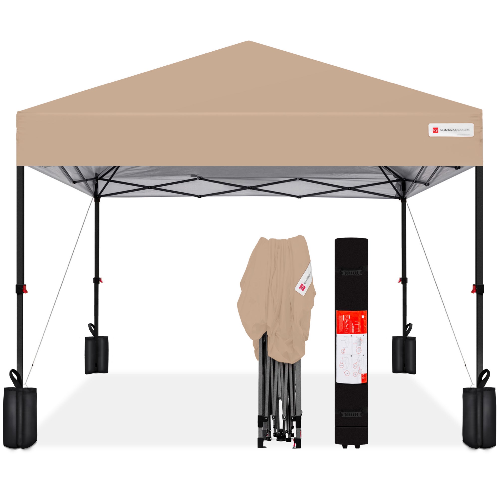 One-Person Setup Instant Pop Up Canopy w/ Case, 4 Weight Bags - 8x8ft - Tan