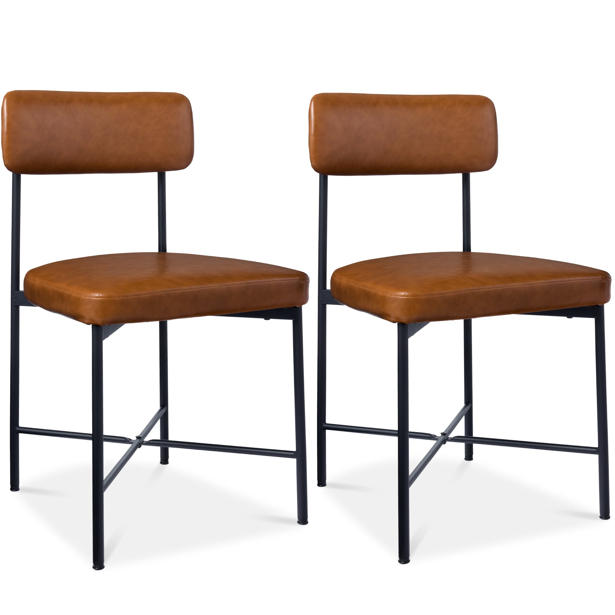 Dining Chair Set of 2, Faux Leather, Standard Height, Metal Frame - Camel Brown
