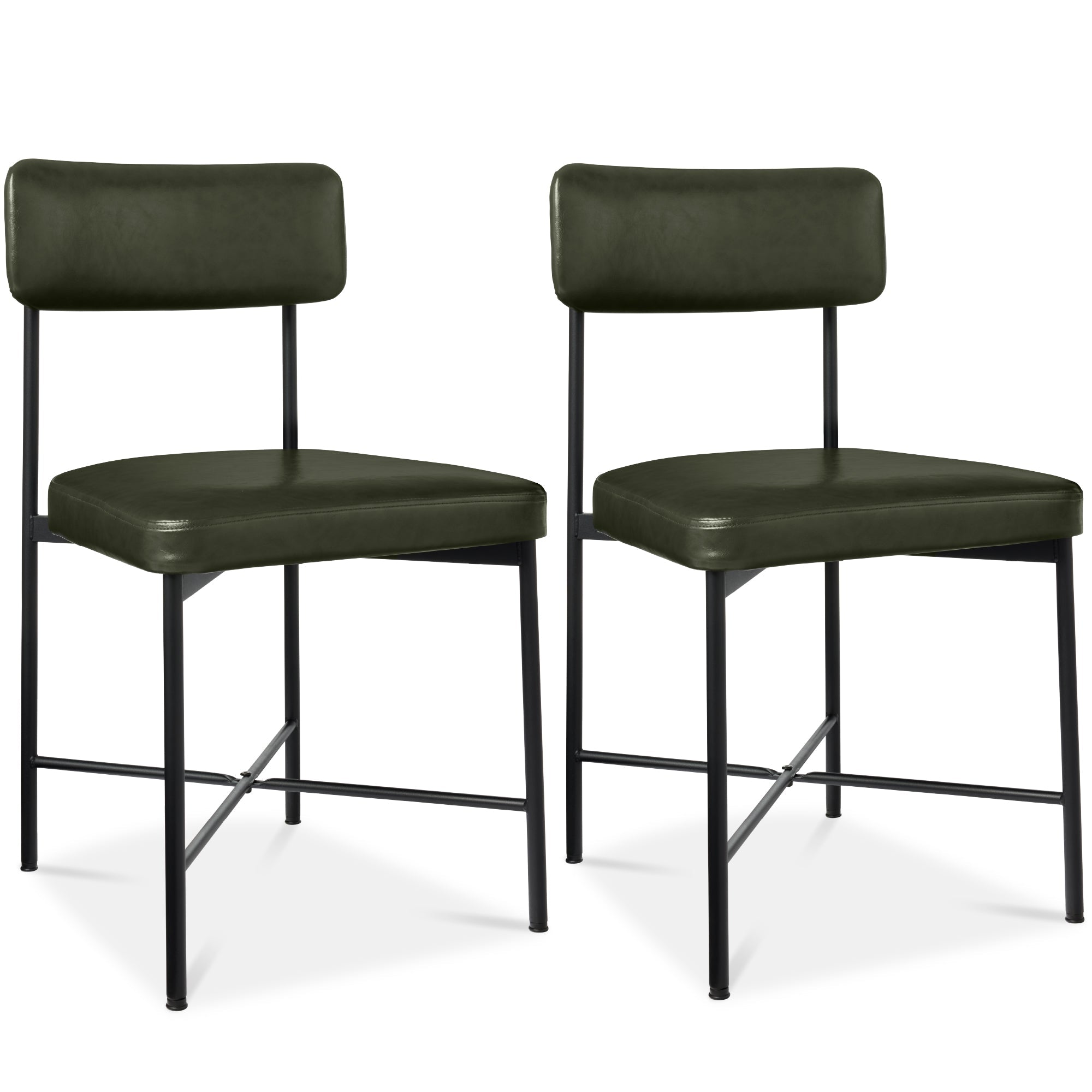 Dining Chair Set of 2, Faux Leather, Standard Height, Metal Frame - Moss Green