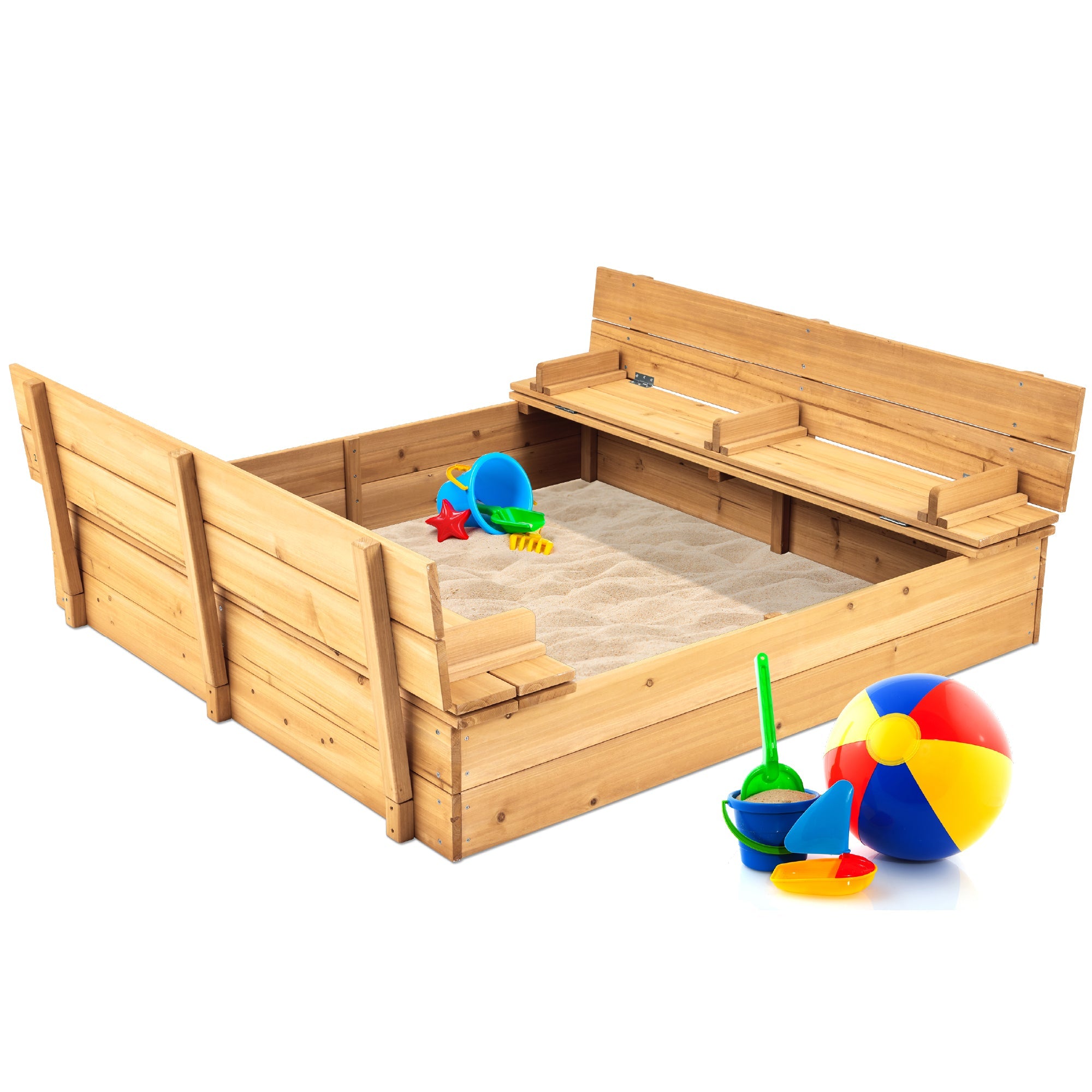 Kids Cedar Sandbox w/ Sand Screen, 2 Benches - 47x47in - Natural