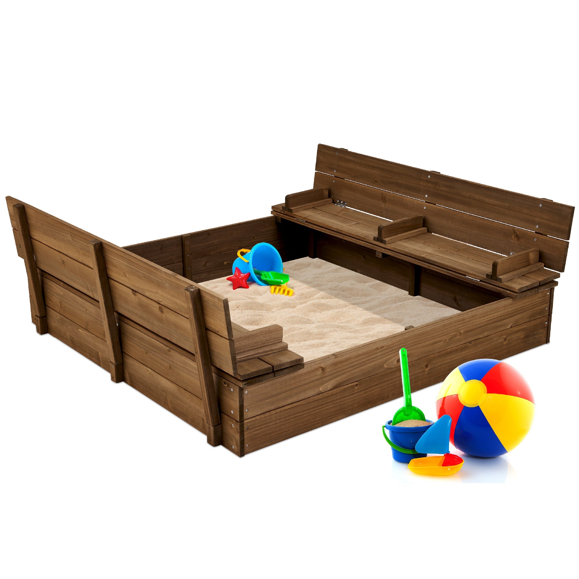 Kids Cedar Sandbox w/ Sand Screen, 2 Benches - 47x47in - Walnut