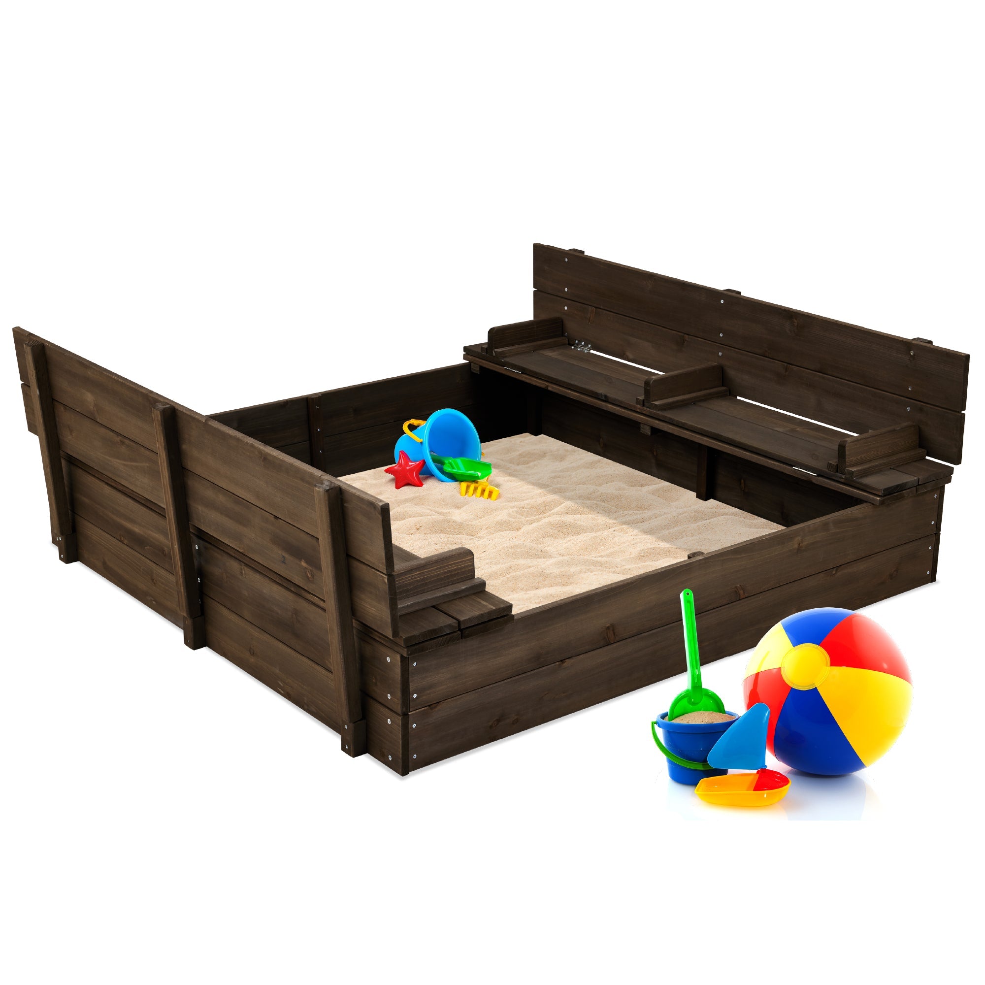 Kids Cedar Sandbox w/ Sand Screen, 2 Benches - 47x47in - Espresso