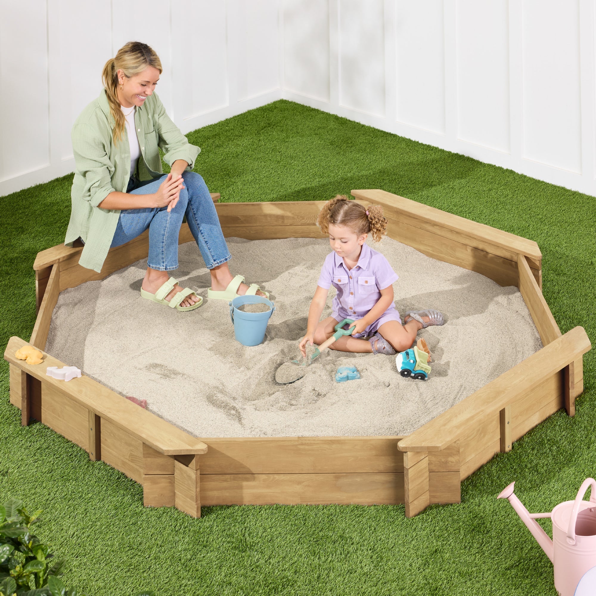 Kid's Wooden Octagonal Sandbox w/ Sand Cover, 4 Reinforced Benches, 8 Seats - Natural