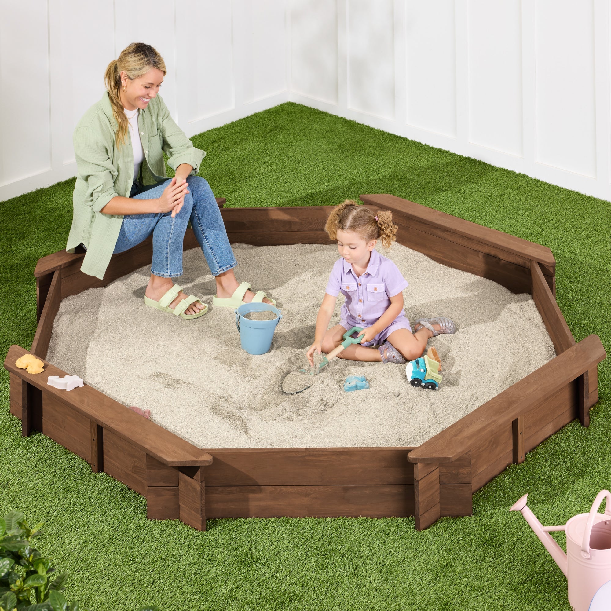 Kid's Wooden Octagonal Sandbox w/ Sand Cover, 4 Reinforced Benches, 8 Seats - Walnut