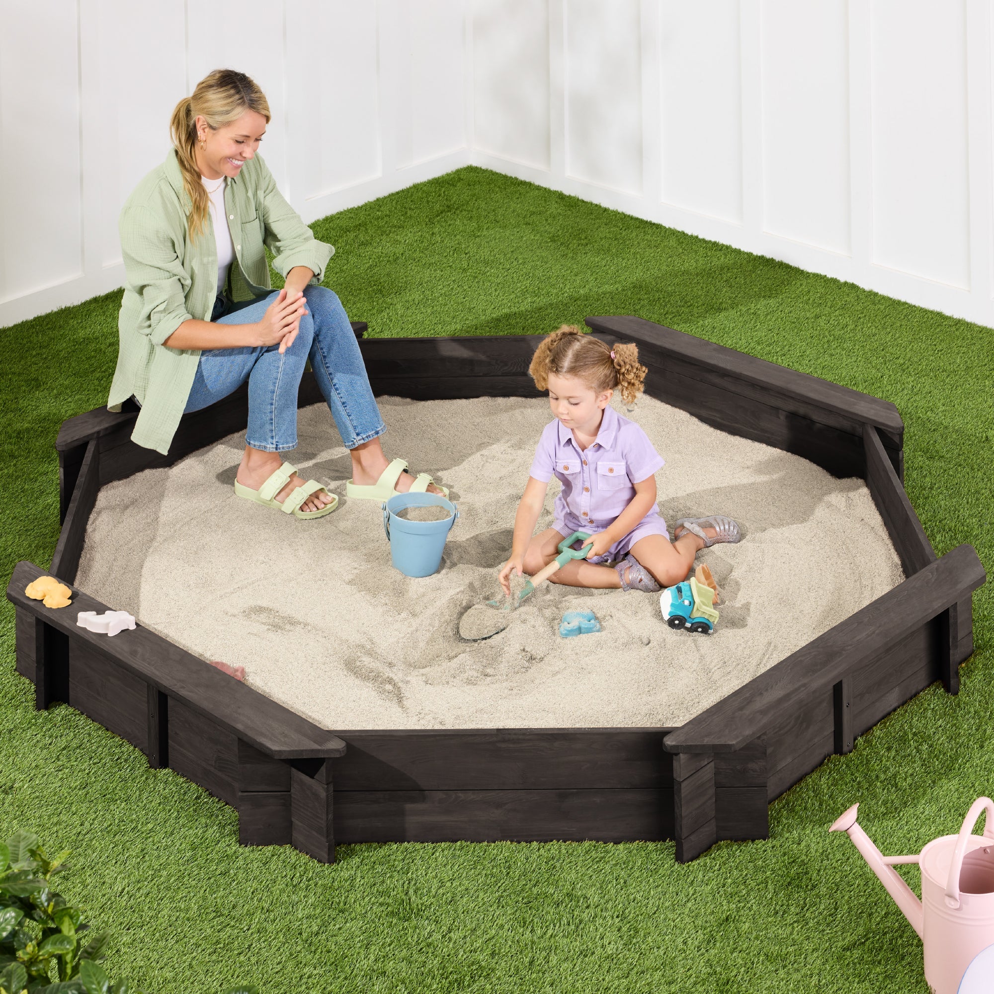 Kid's Wooden Octagonal Sandbox w/ Sand Cover, 4 Reinforced Benches, 8 Seats - Espresso