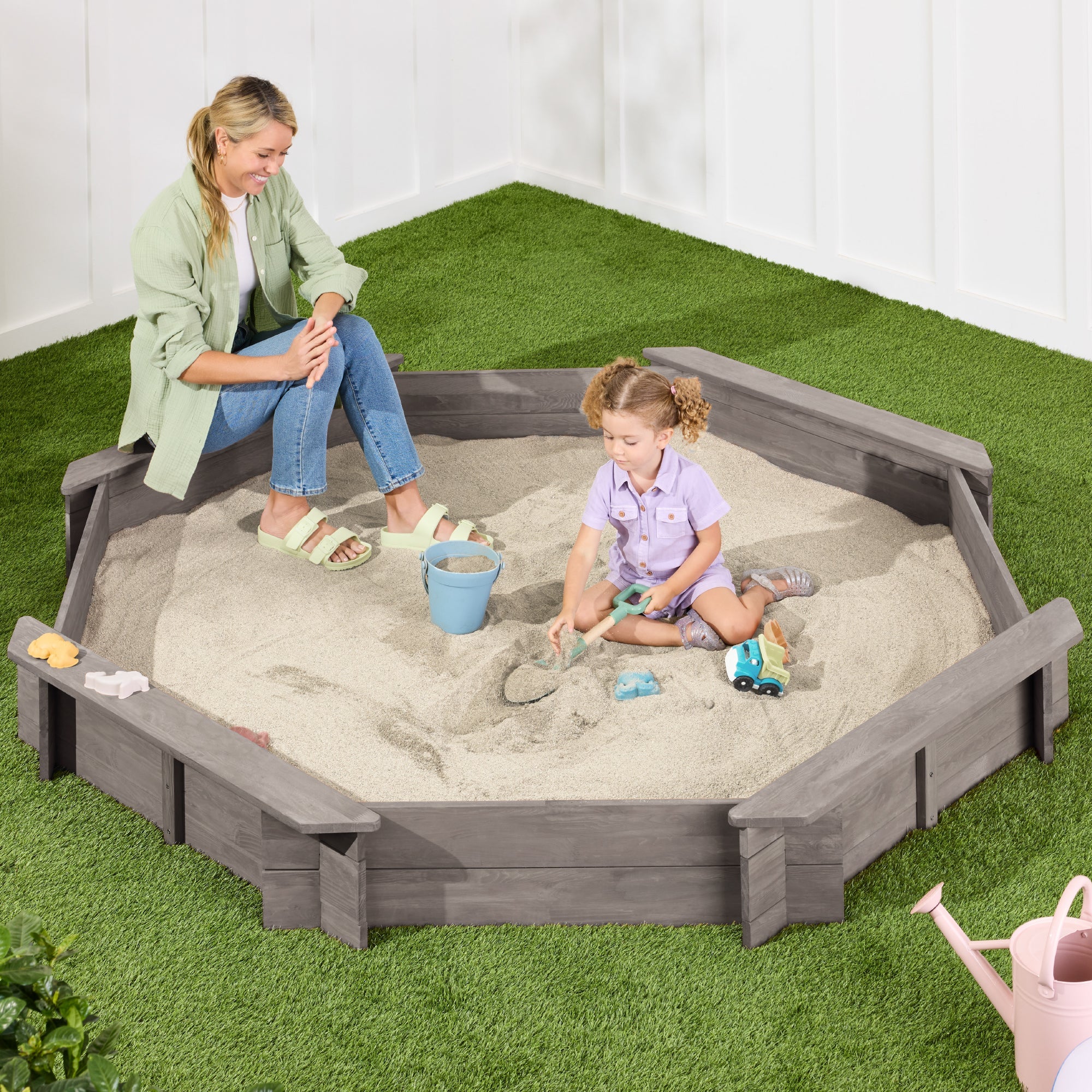 Kid's Wooden Octagonal Sandbox w/ Sand Cover, 4 Reinforced Benches, 8 Seats - Gray