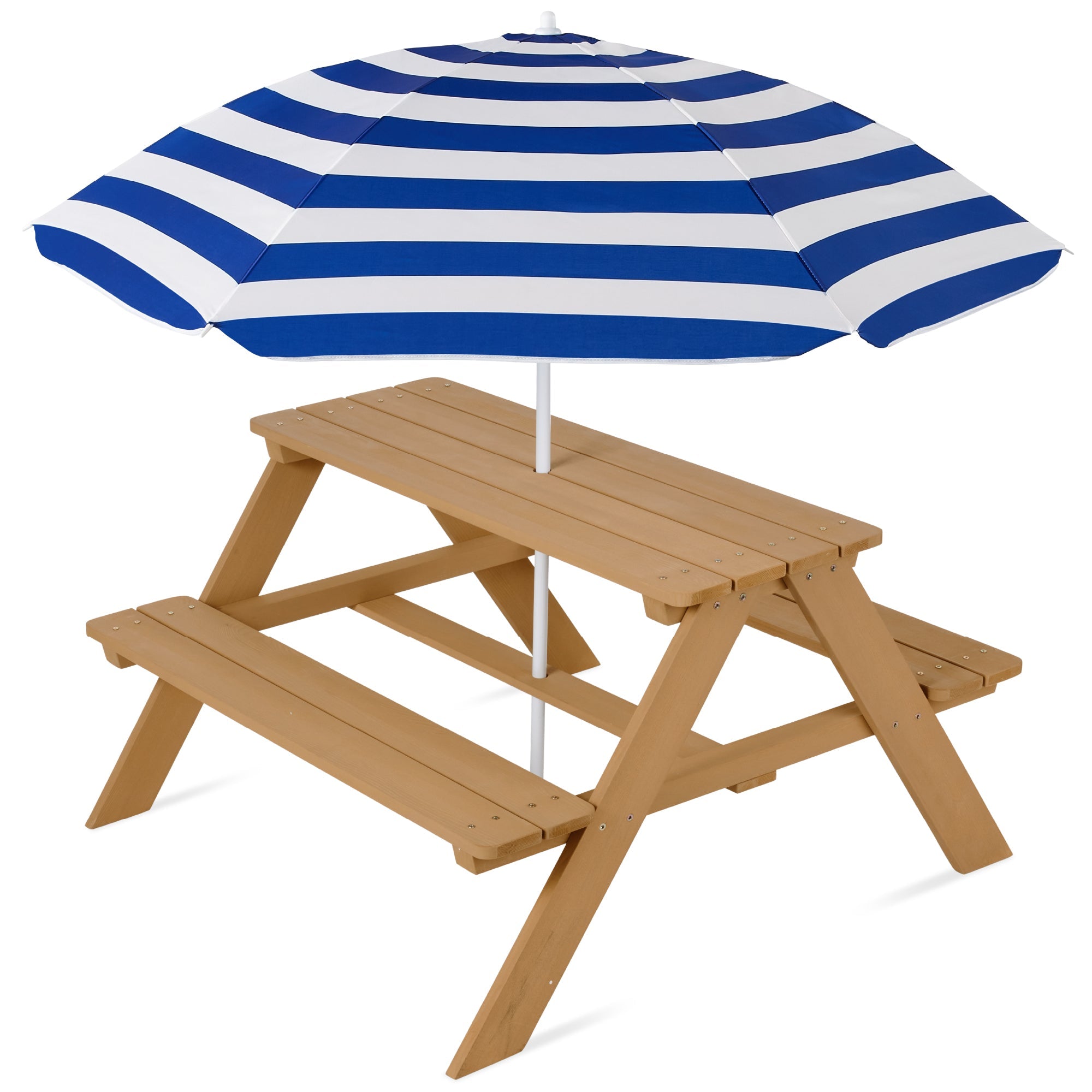 Kids Wooden Outdoor Picnic Table w/ Adjustable Umbrella, Built-In Seats - Natural/Navy