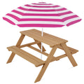 Kids Wooden Outdoor Picnic Table w/ Adjustable Umbrella, Built-In Seats - Natural/Dark Pink