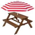 Kids Wooden Outdoor Picnic Table w/ Adjustable Umbrella, Built-In Seats - Walnut/Red