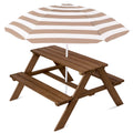 Kids Wooden Outdoor Picnic Table w/ Adjustable Umbrella, Built-In Seats - Walnut/Beige