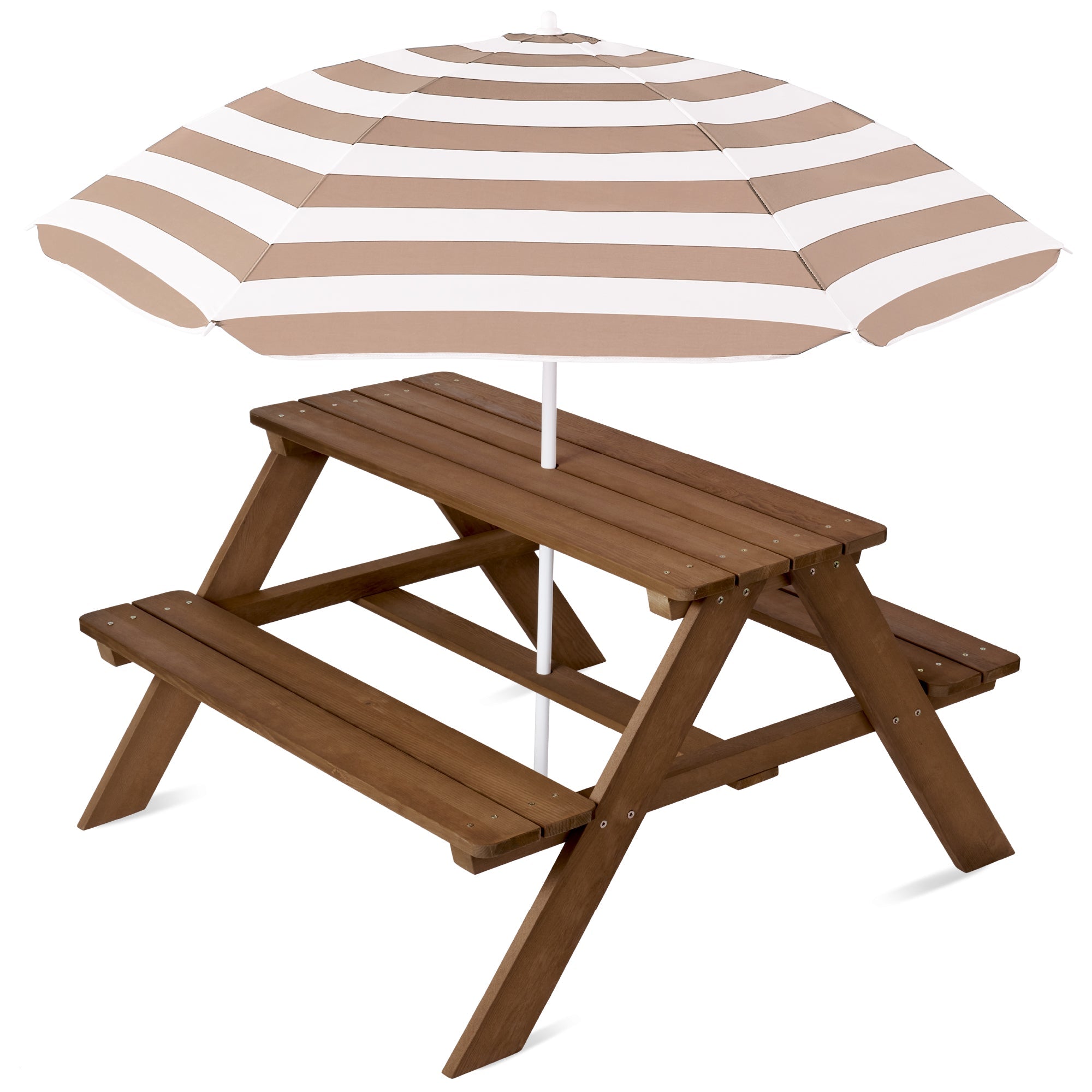 Kids Wooden Outdoor Picnic Table w/ Adjustable Umbrella, Built-In Seats - Walnut/Beige