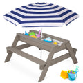 3-in-1 Kids Sand & Water Table Outdoor Wood Picnic Table w/ Umbrella - Gray/Navy