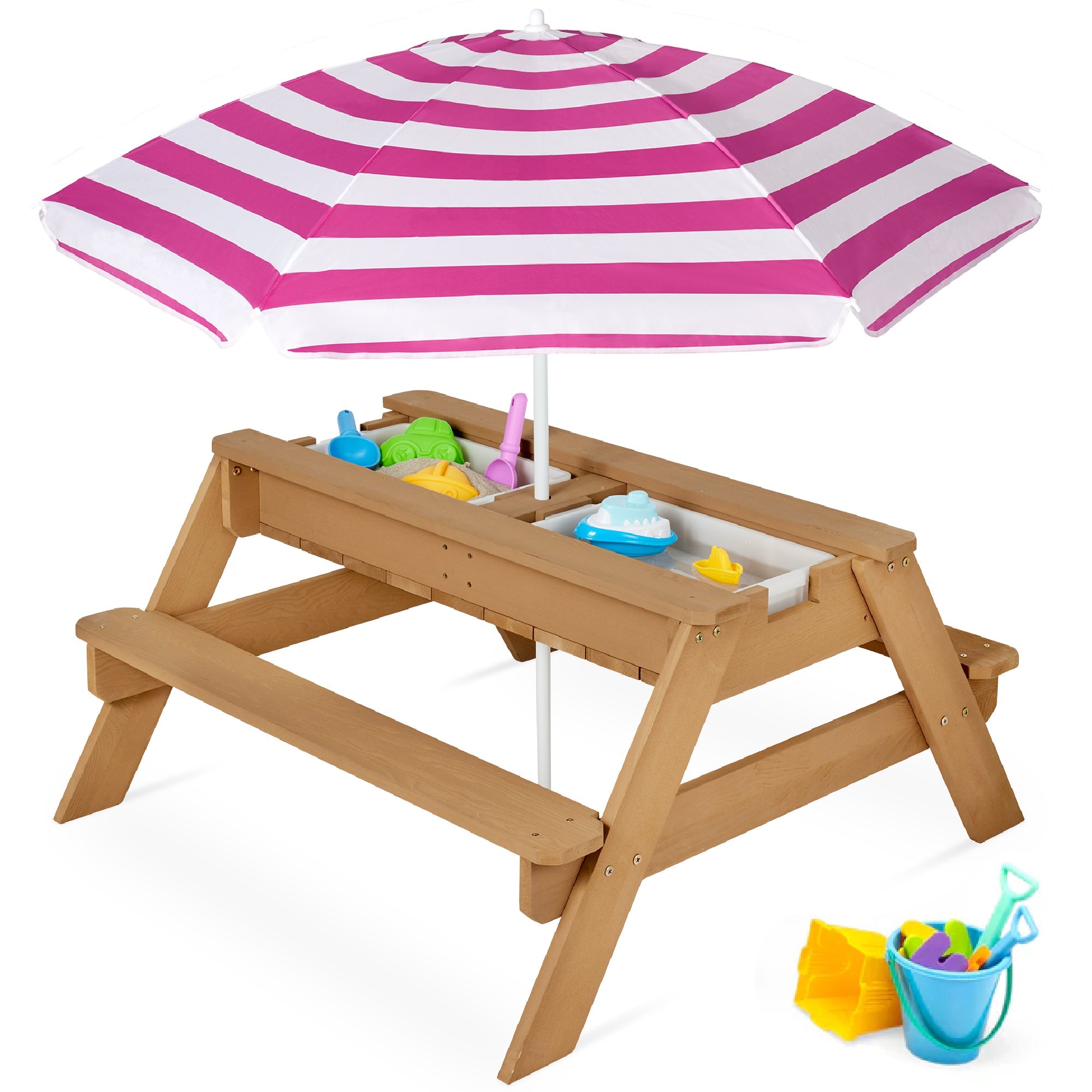 3-in-1 Kids Sand & Water Table Outdoor Wood Picnic Table w/ Umbrella - Natural/Dark Pink