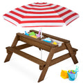 3-in-1 Kids Sand & Water Table Outdoor Wood Picnic Table w/ Umbrella - Walnut/Red