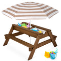 3-in-1 Kids Sand & Water Table Outdoor Wood Picnic Table w/ Umbrella - Walnut/Beige