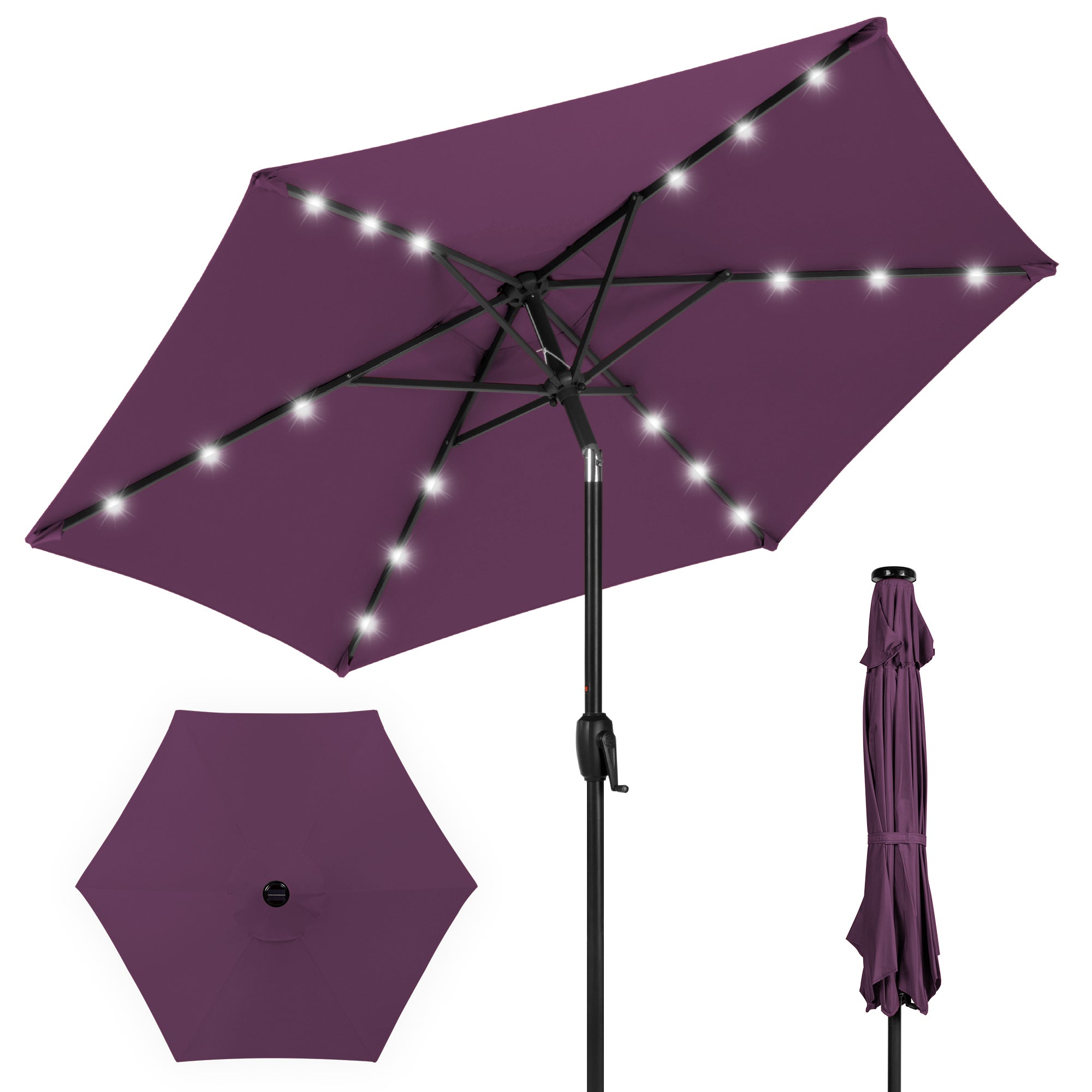 Outdoor Solar Patio Umbrella w/ Push Button Tilt, Crank Lift - 7.5ft - Amethyst Purple