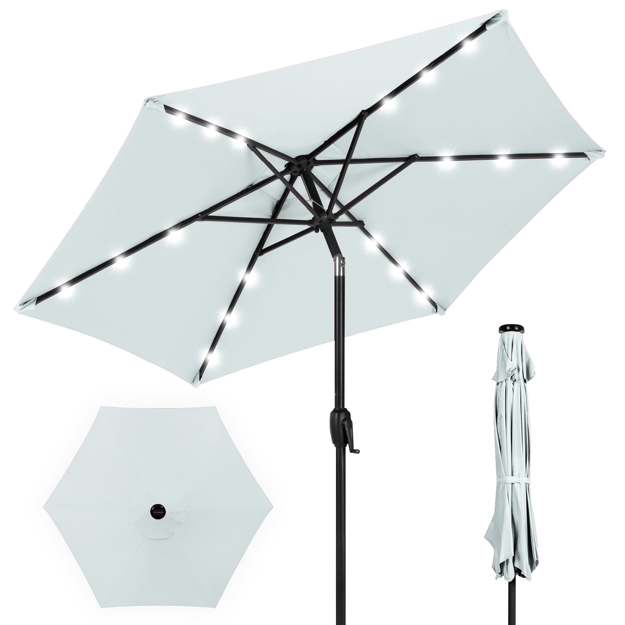 Outdoor Solar Patio Umbrella w/ Push Button Tilt, Crank Lift - 7.5ft - Baby Blue