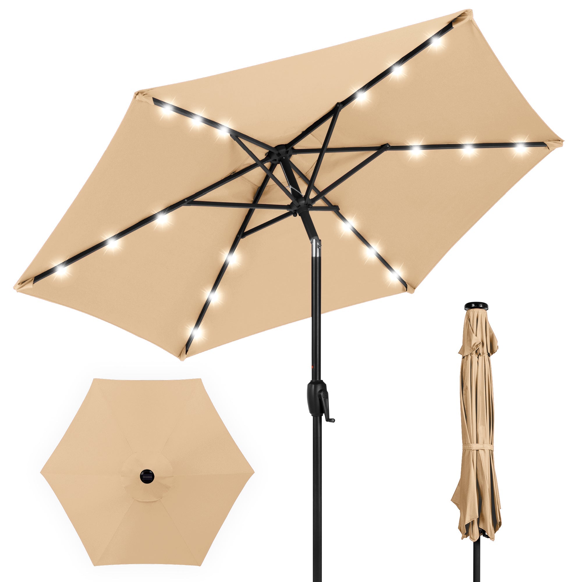 Outdoor Solar Patio Umbrella w/ Push Button Tilt, Crank Lift - 7.5ft - Sand