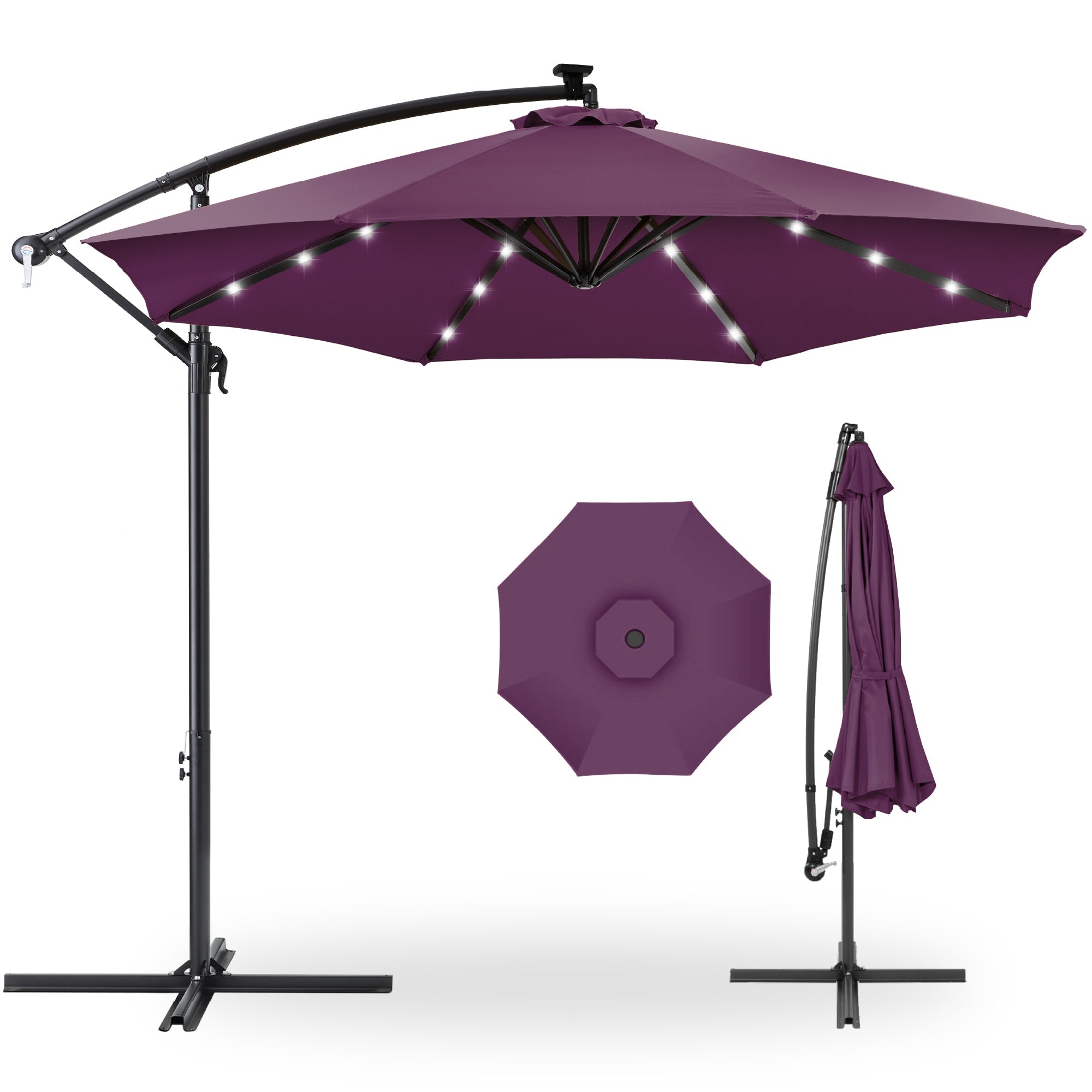 Solar LED Offset Hanging Patio Umbrella w/ Crank Tilt Adjustment - 10ft - Amethyst Purple