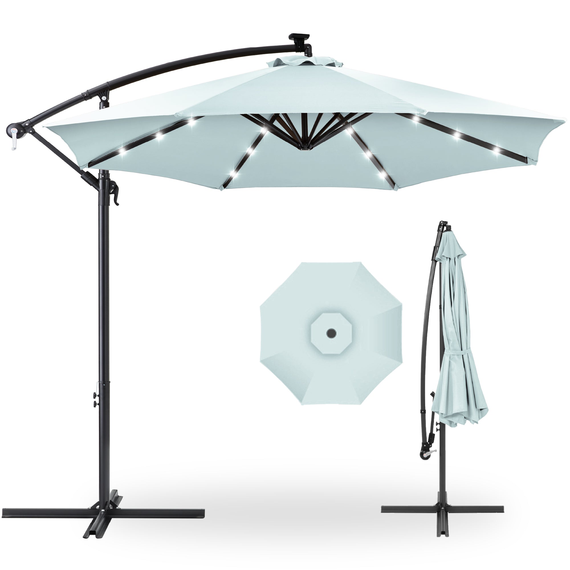 Solar LED Offset Hanging Patio Umbrella w/ Crank Tilt Adjustment - 10ft - Baby Blue