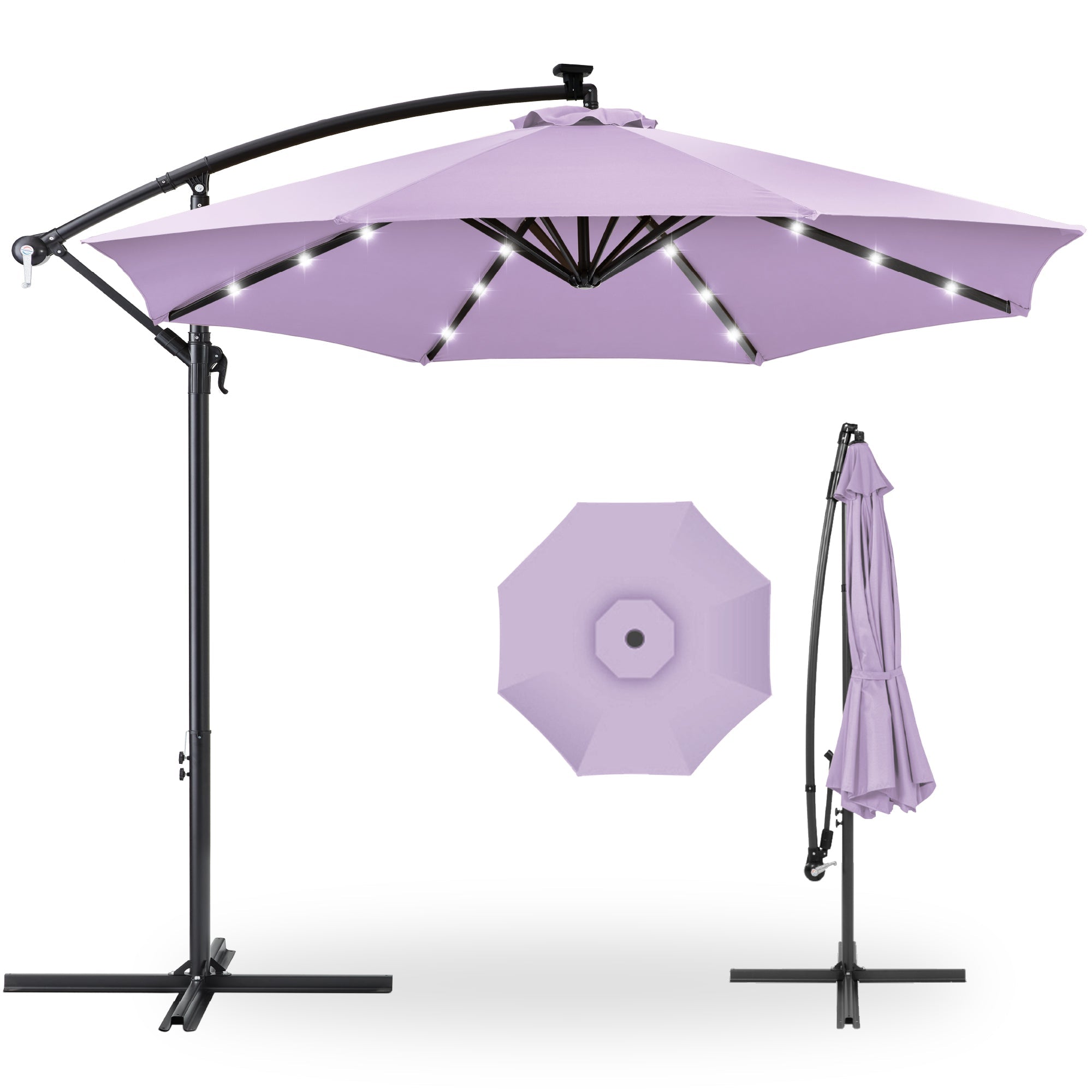 Solar LED Offset Hanging Patio Umbrella w/ Crank Tilt Adjustment - 10ft - Lavender