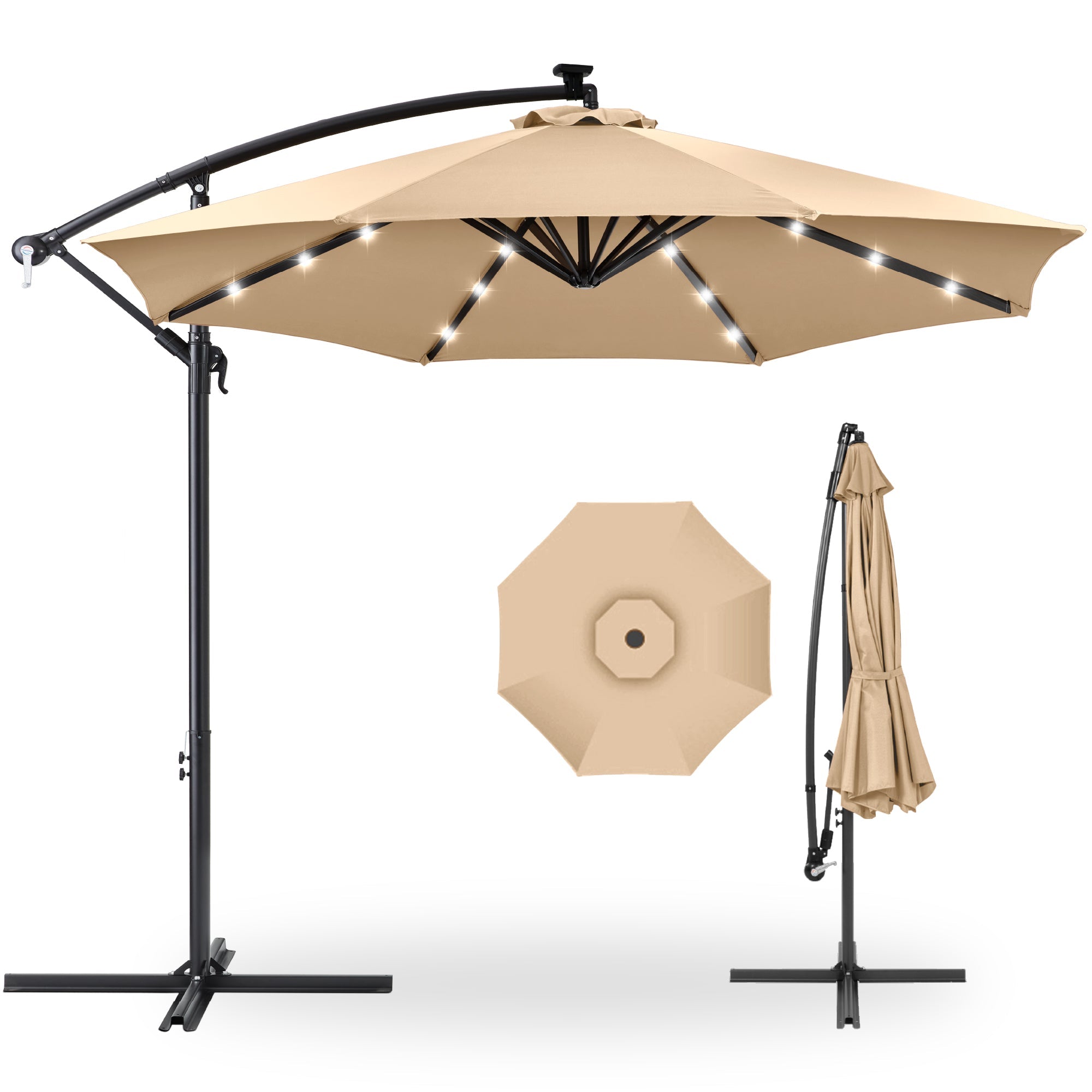 Solar LED Offset Hanging Patio Umbrella w/ Crank Tilt Adjustment - 10ft - Sand