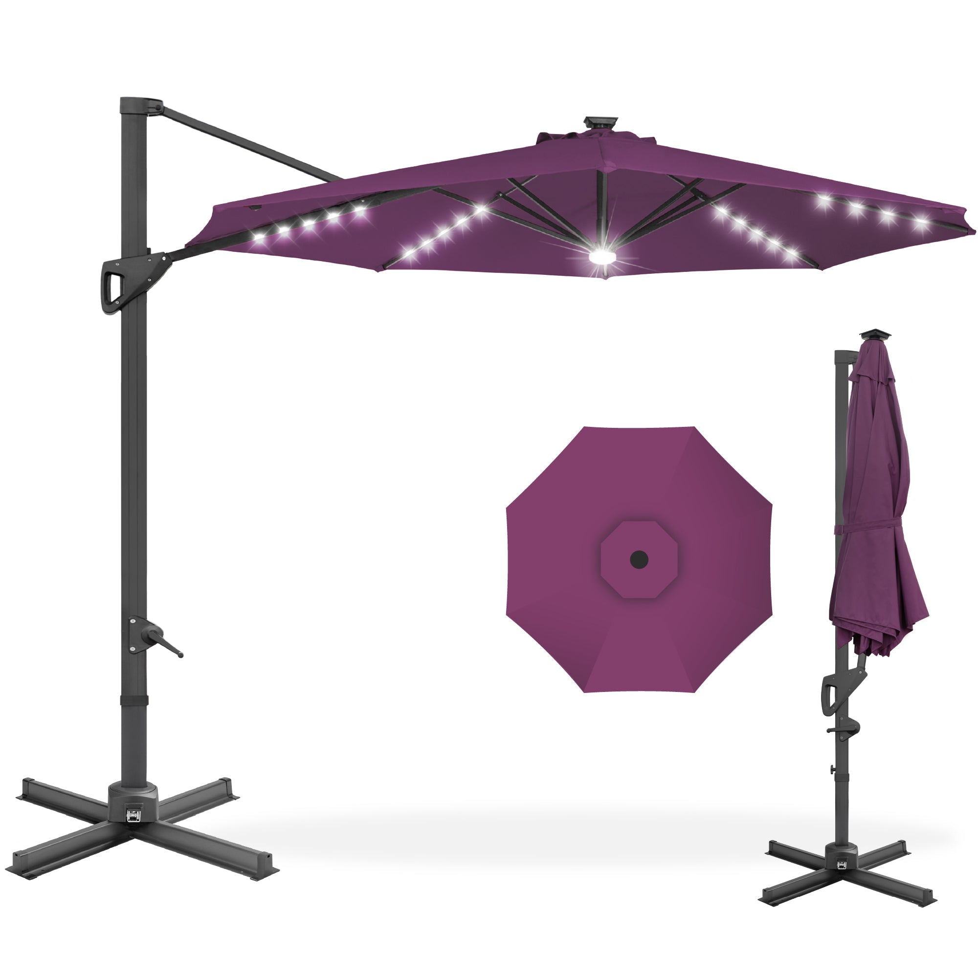 360-Degree Solar LED Cantilever Offset Patio Umbrella w/ Tilt - 10ft - Amethyst Purple
