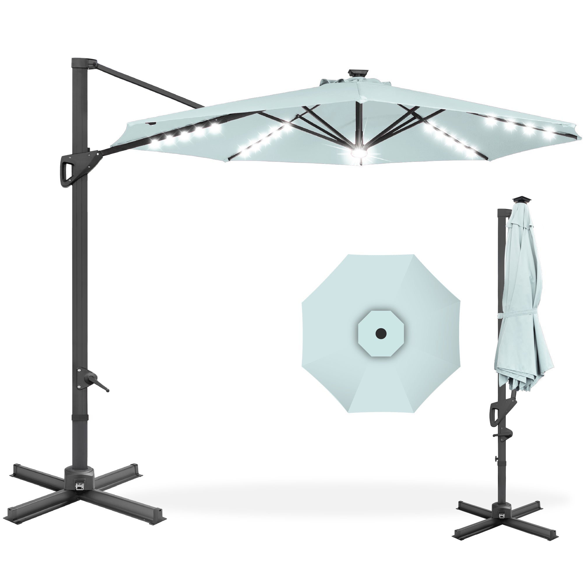 360-Degree Solar LED Cantilever Offset Patio Umbrella w/ Tilt - 10ft - Baby Blue