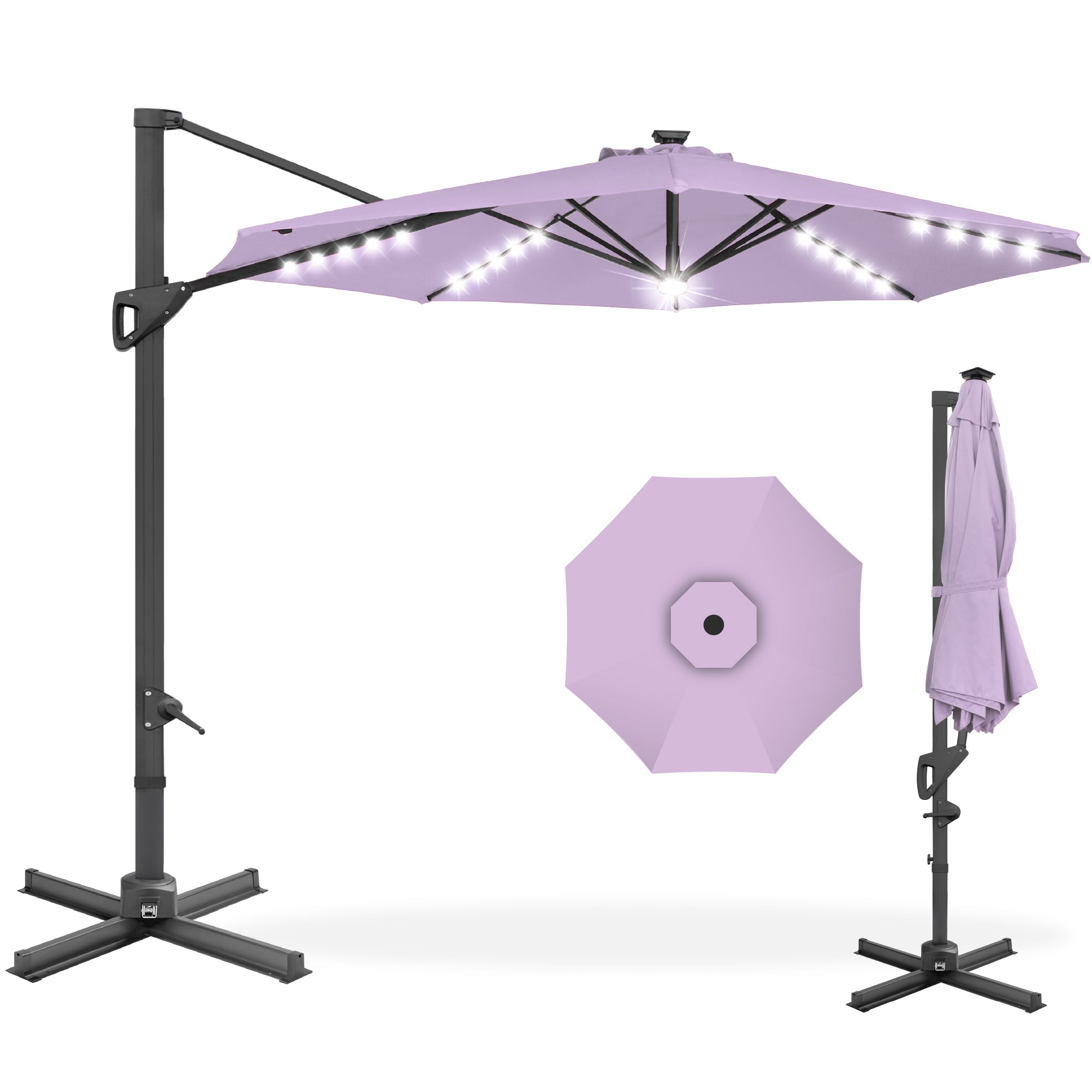 360-Degree Solar LED Cantilever Offset Patio Umbrella w/ Tilt - 10ft - Lavender