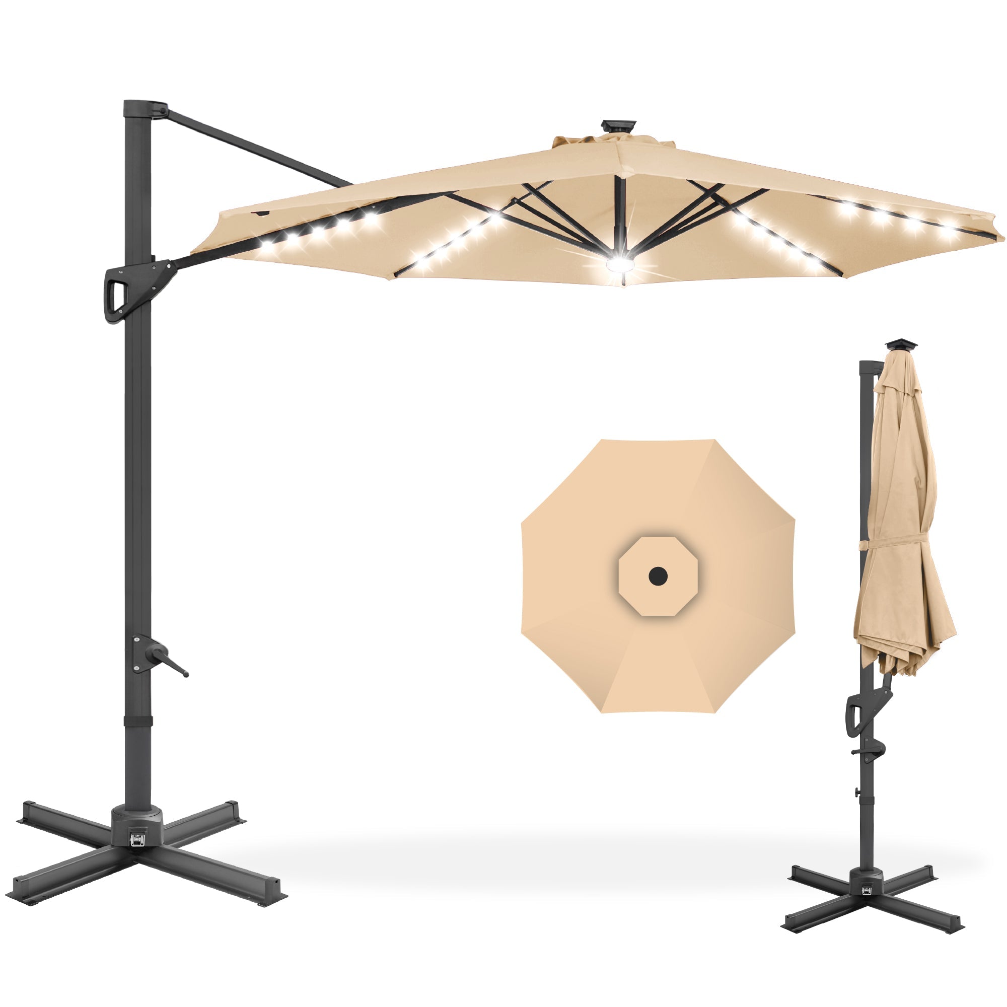 360-Degree Solar LED Cantilever Offset Patio Umbrella w/ Tilt - 10ft - Sand