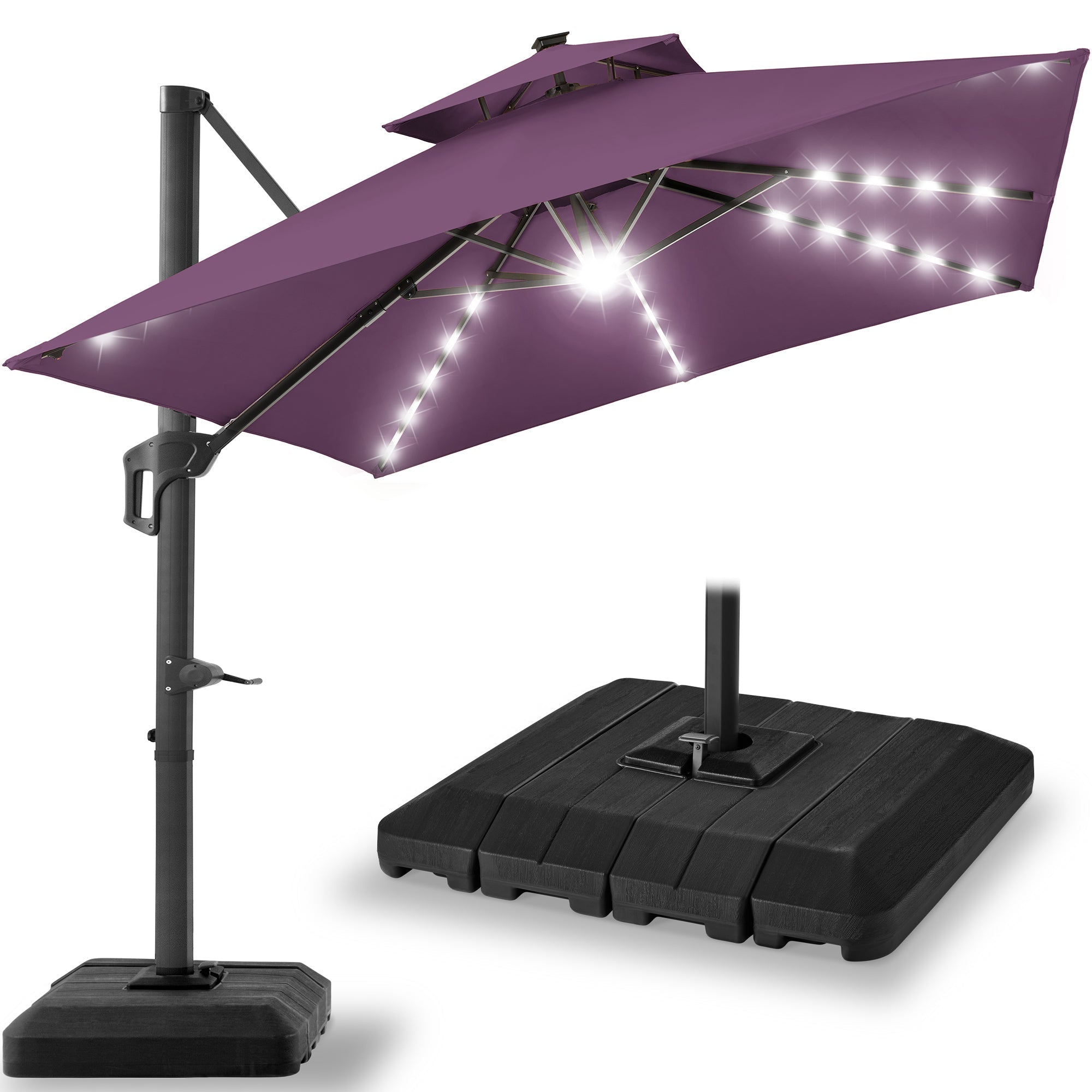 2-Tier Square LED Cantilever Offset Umbrella w/ 360 Rotation, Base - 10x10ft - Amethyst Purple