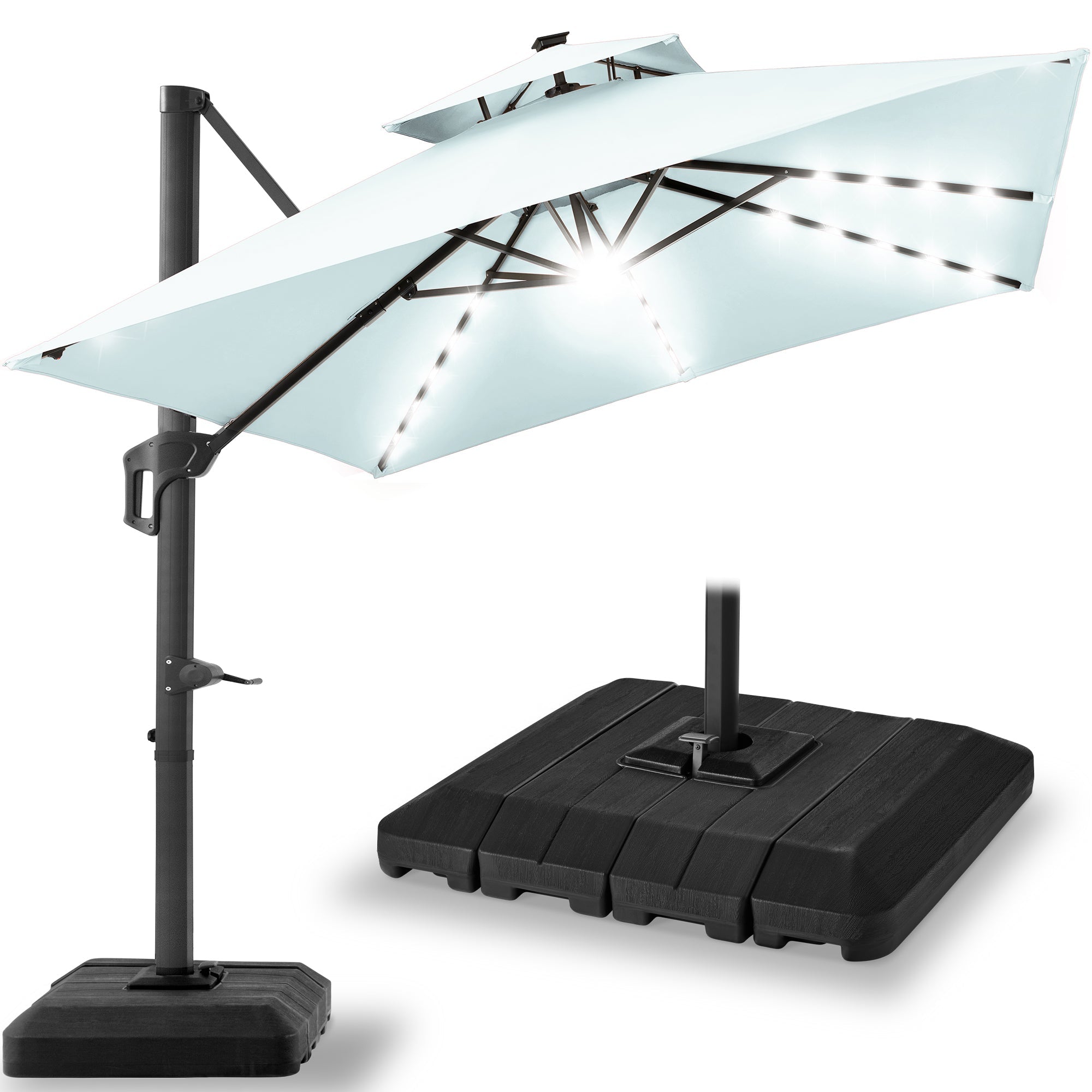 2-Tier Square LED Cantilever Offset Umbrella w/ 360 Rotation, Base - 10x10ft - Baby Blue