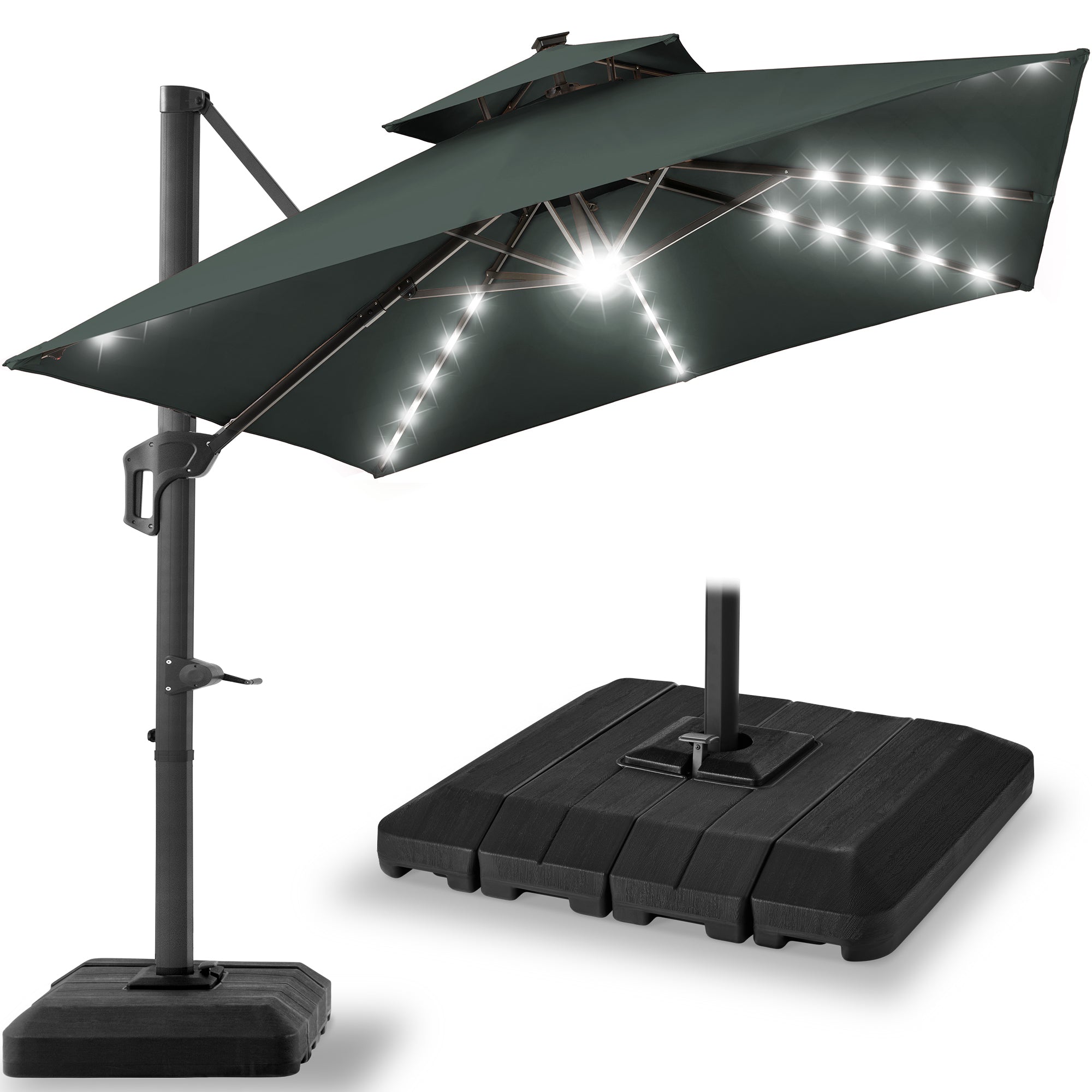 2-Tier Square LED Cantilever Offset Umbrella w/ 360 Rotation, Base - 10x10ft - Slate