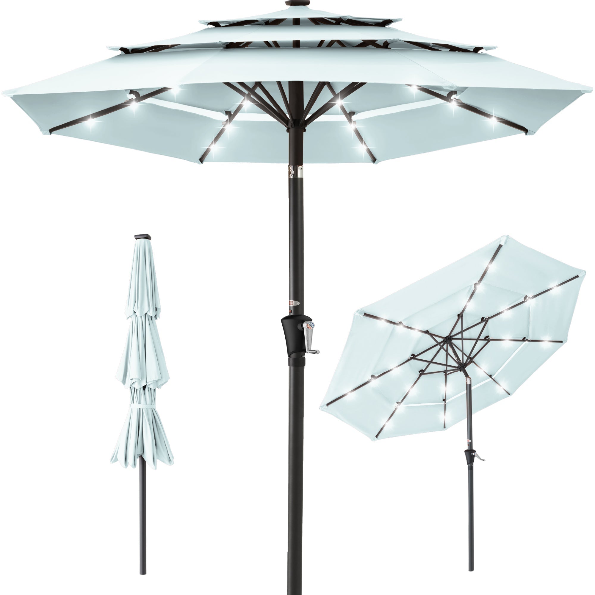 3-Tier Solar Patio Umbrella w/ LED Lights, Tilt Adjustment, Crank - 10ft - Baby Blue